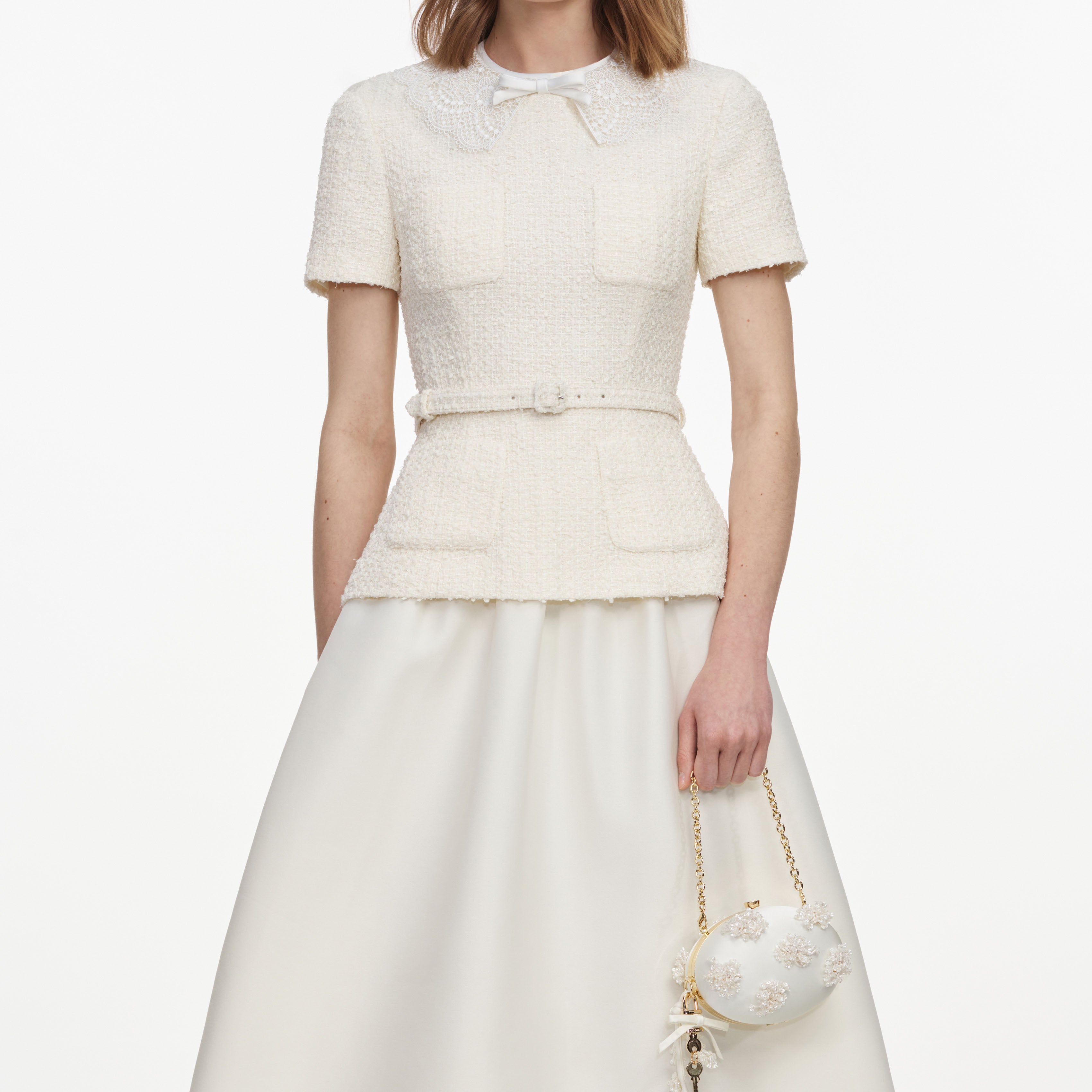 Self Portrait Cream Boucle Taffeta Midi Kleid Creme