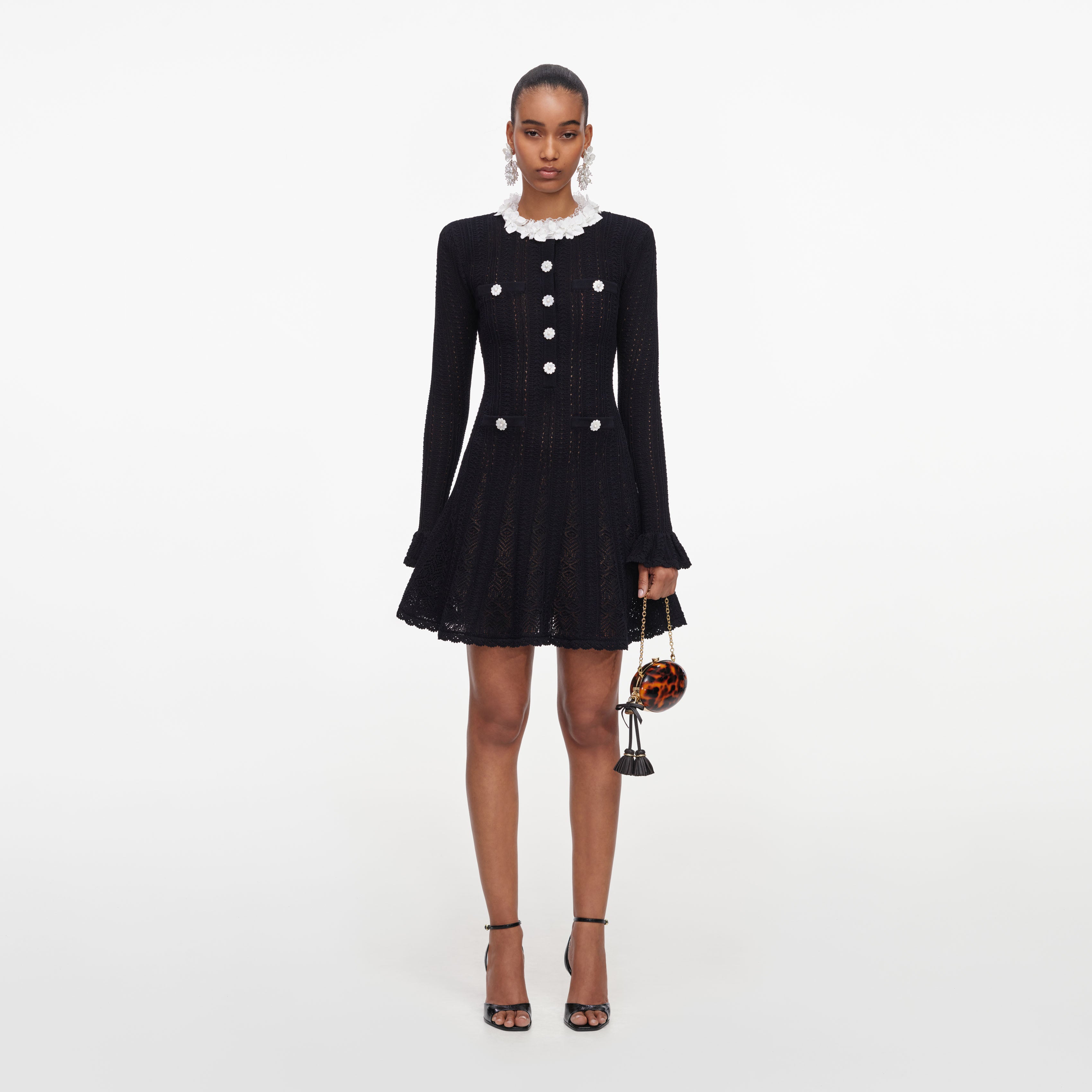 Self Portrait Dresses Black Flower Trim Knit Mini Kleid