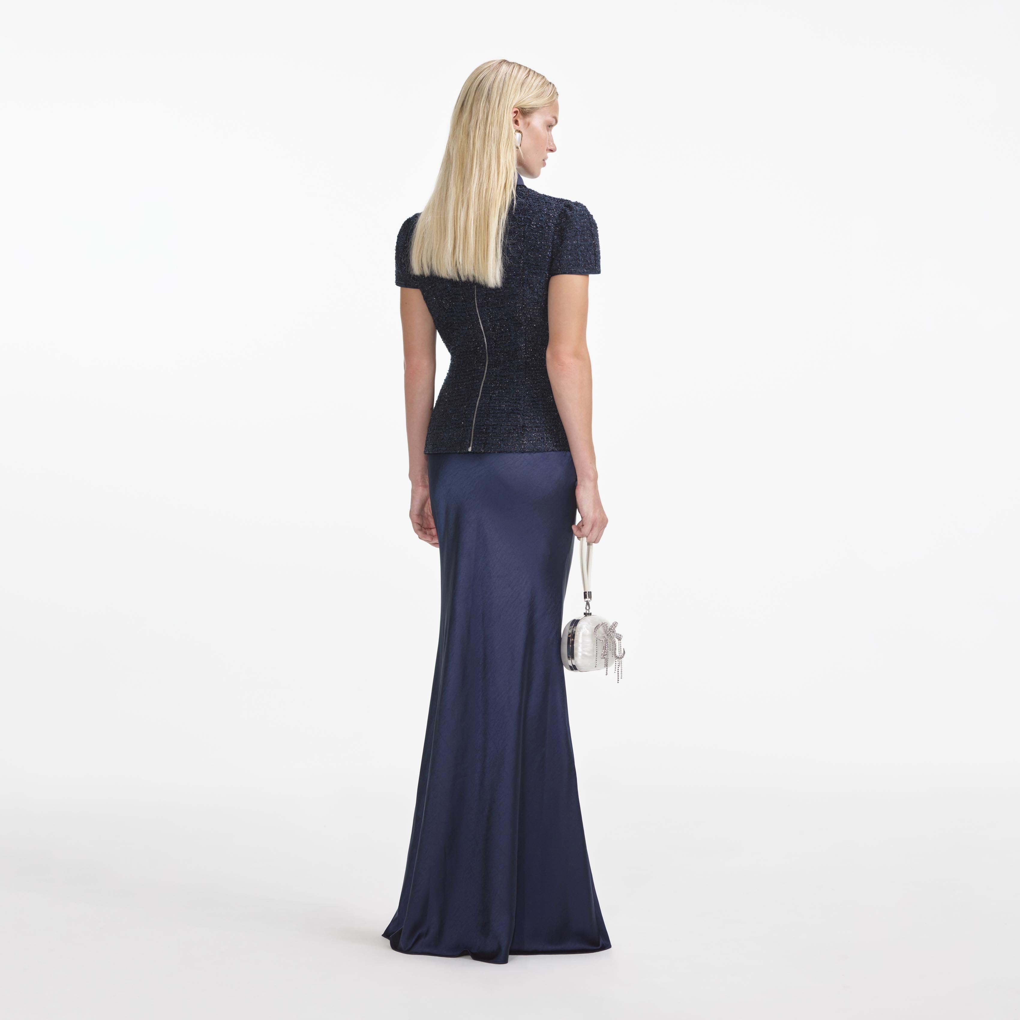 Self Portrait Navy Metallic Boucle Maxikleid Navy Metallic