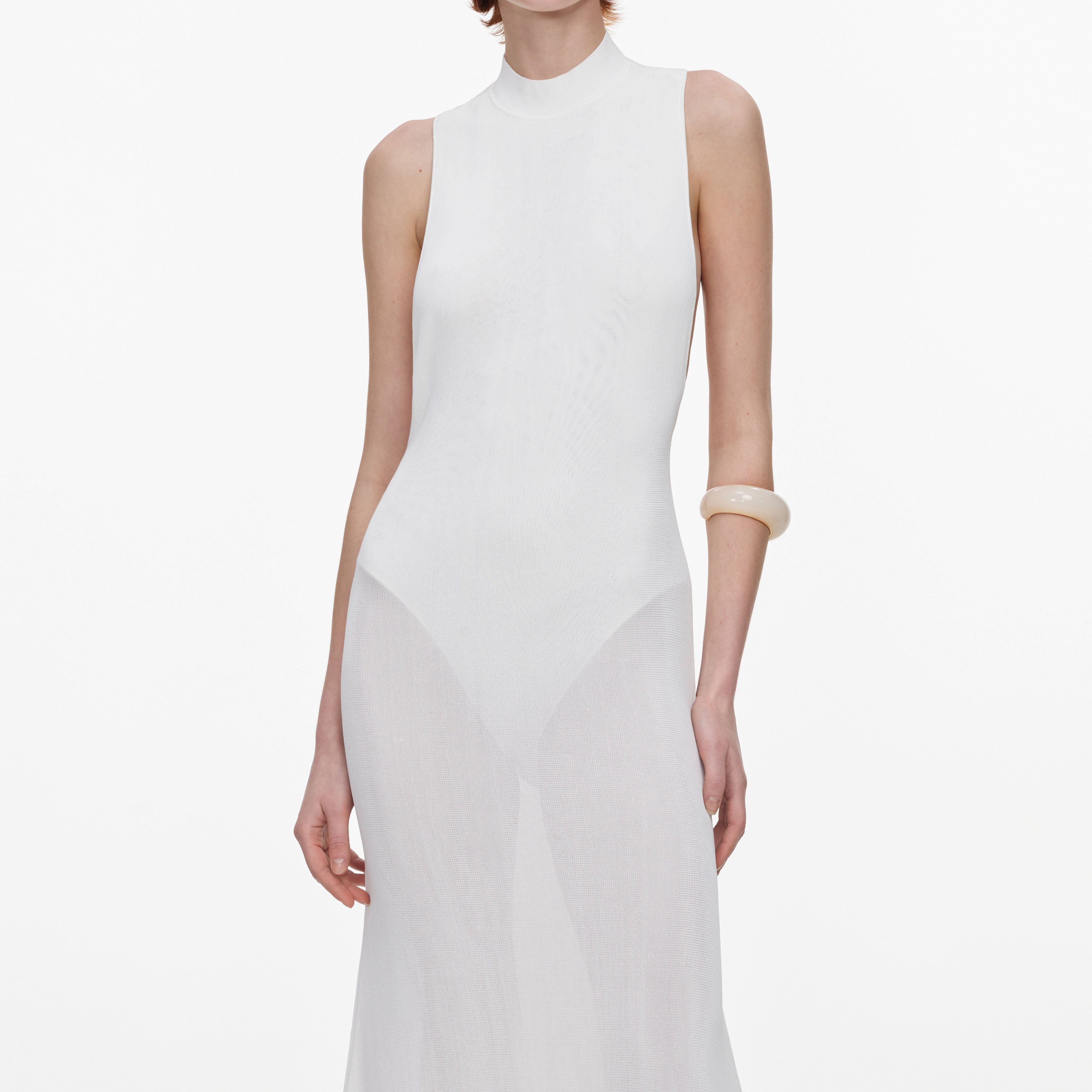 Self Portrait White Racer Feather Knit Midi Kleid Weiß