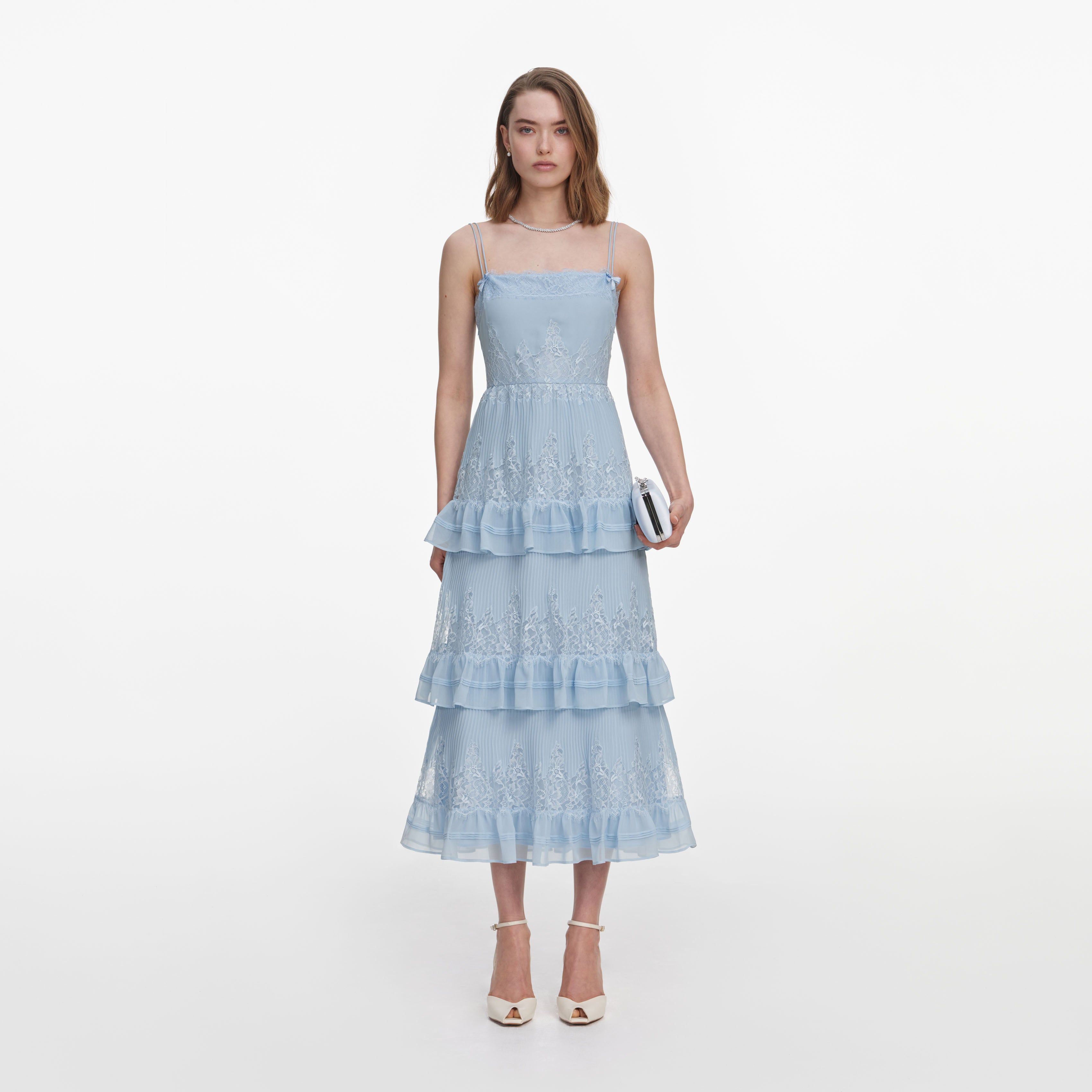 Self Portrait Chiffon Spitze Stufenkleid Midi blau UK 8