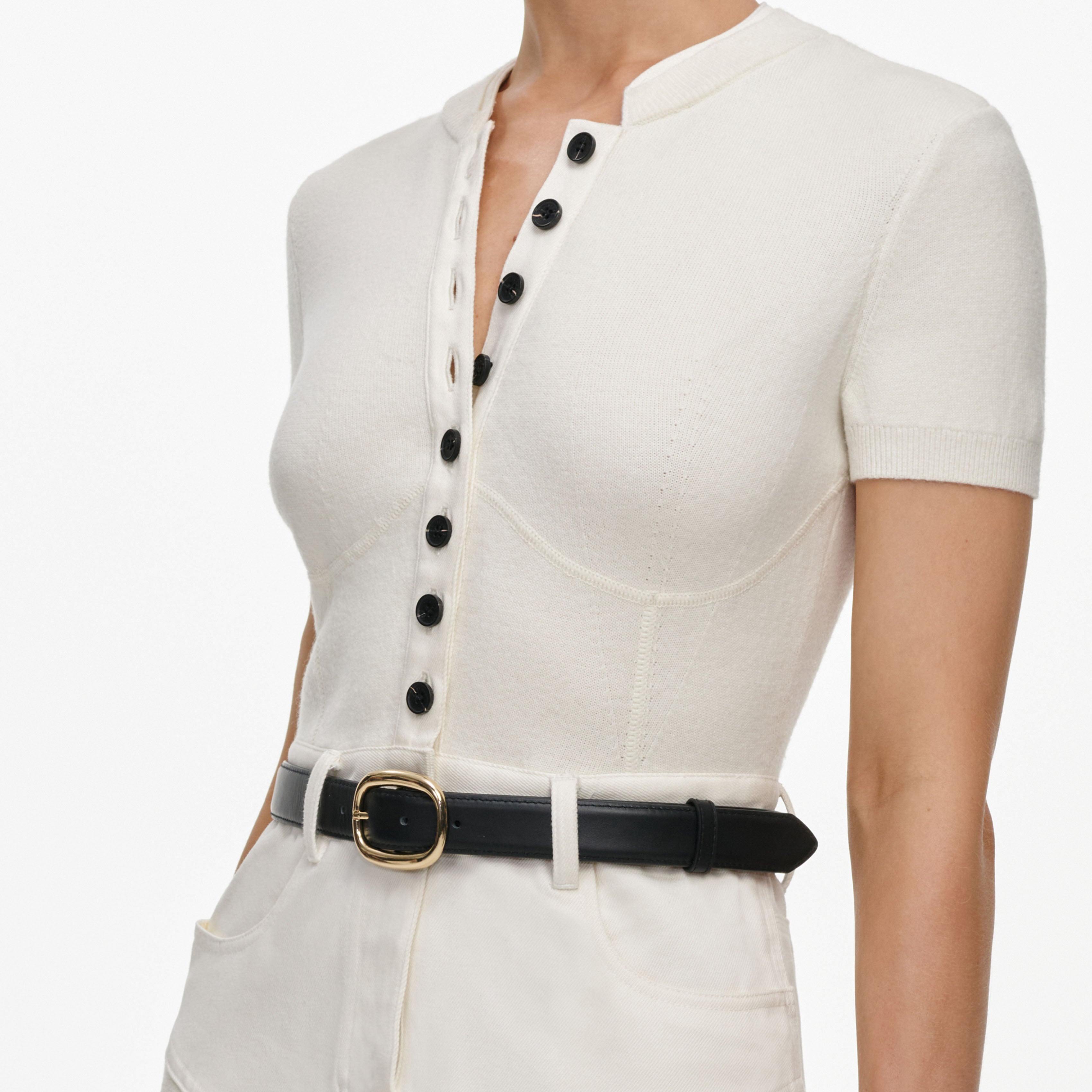 Self Portrait Denim Cream Knit Denim Insert Minikleid Creme