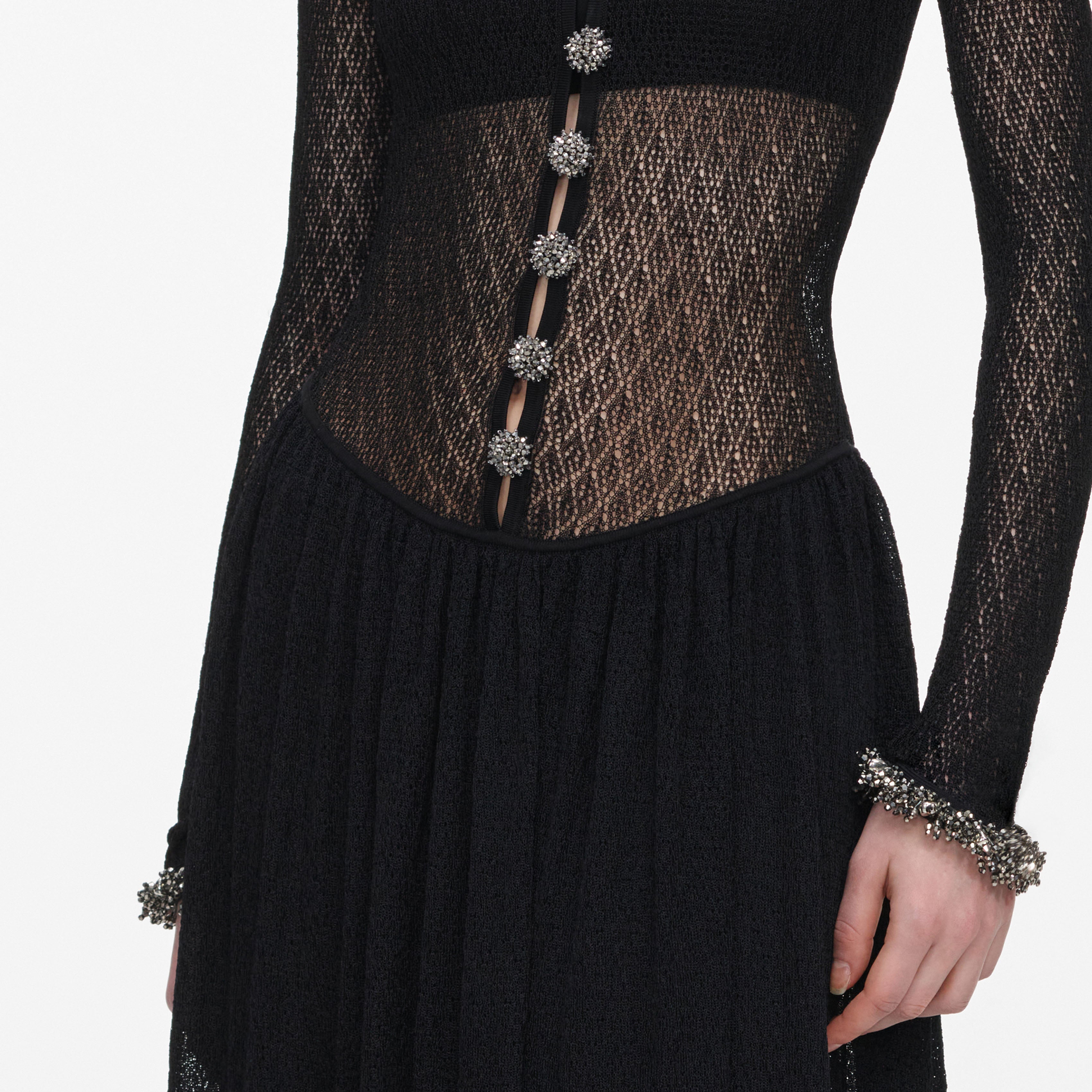 Self Portrait Pointelle Maxi Kleid Schwarz Strass Strick