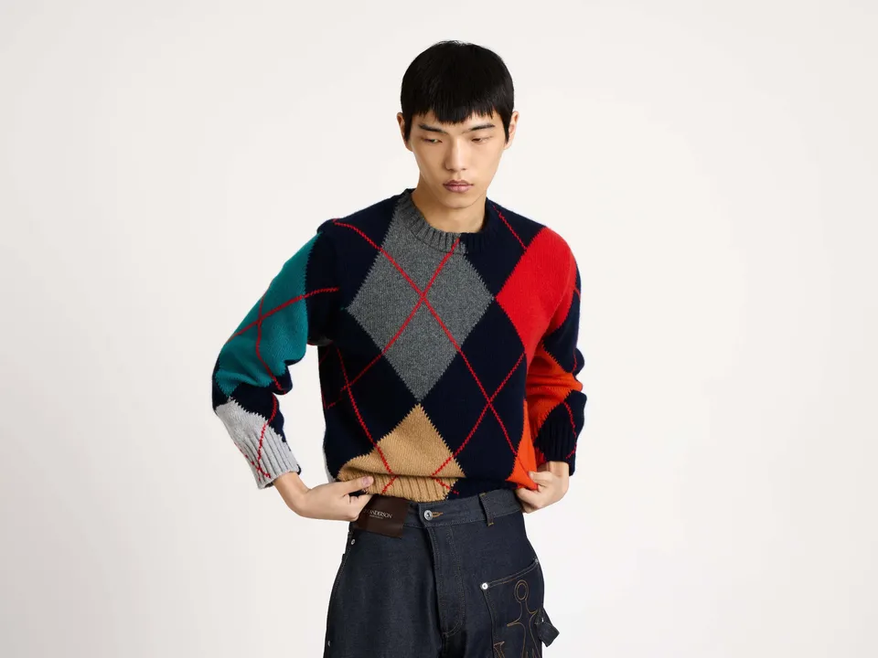 J.W.Anderson x Pringle Argyle Crewneck Strickpullover Navy Cropped