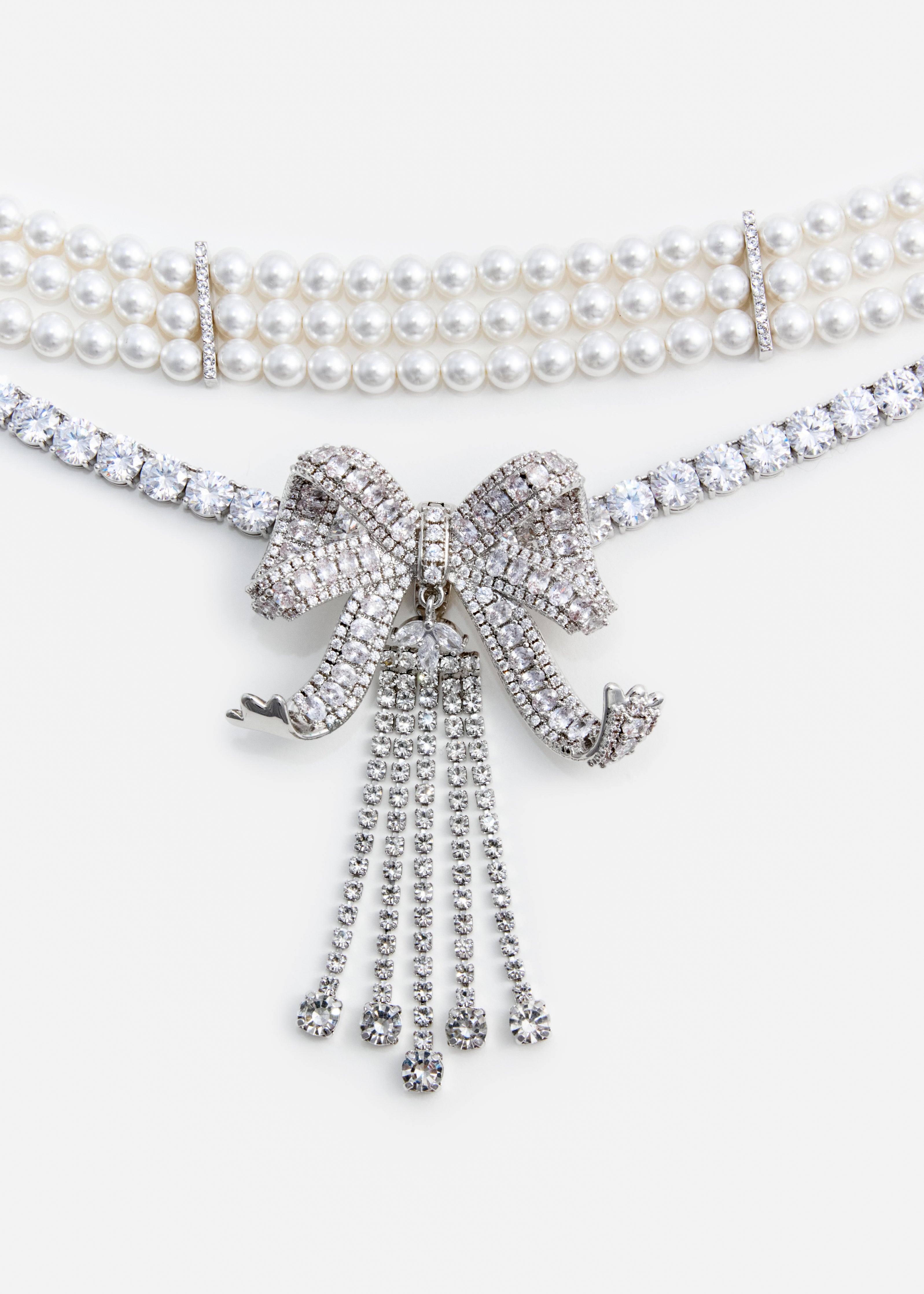 Self Portrait Crystal Bow Perlenkette Creme Silber