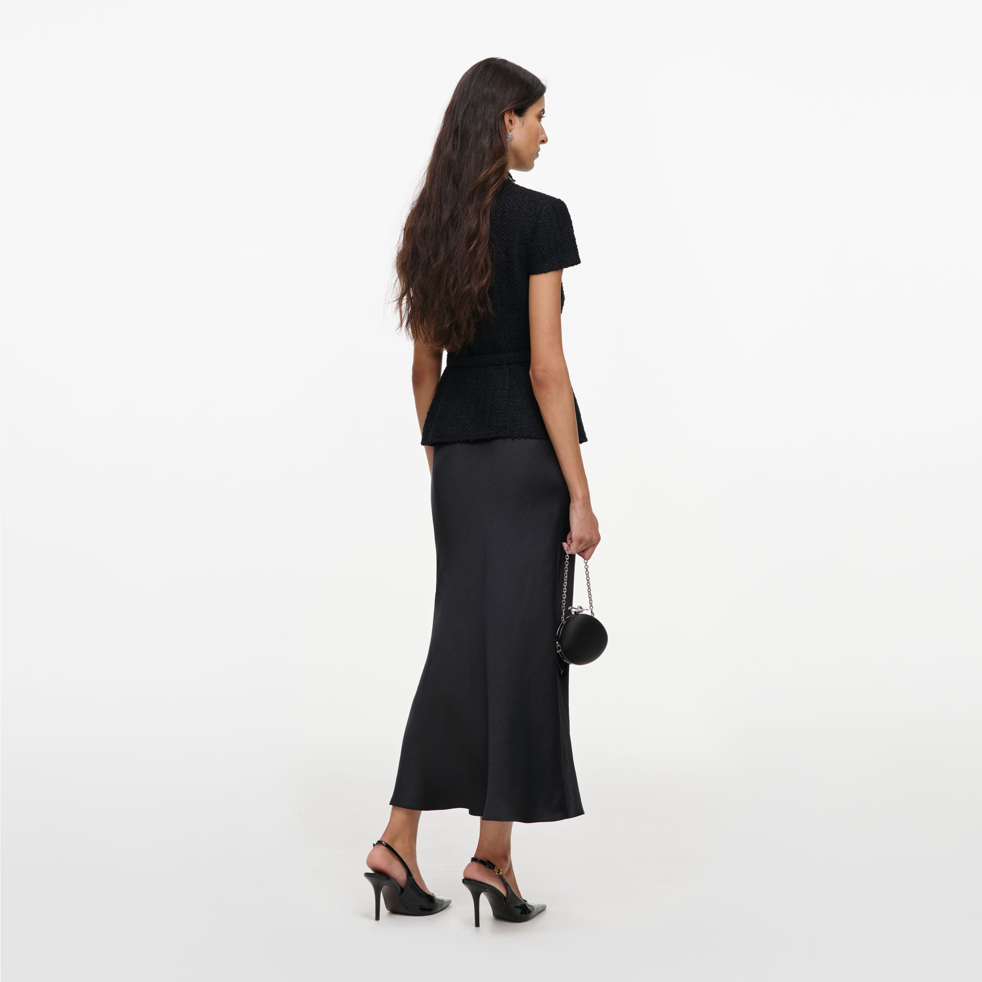 Self Portrait Boucle Crystal Trim Satin Midikleid Schwarz UK 8