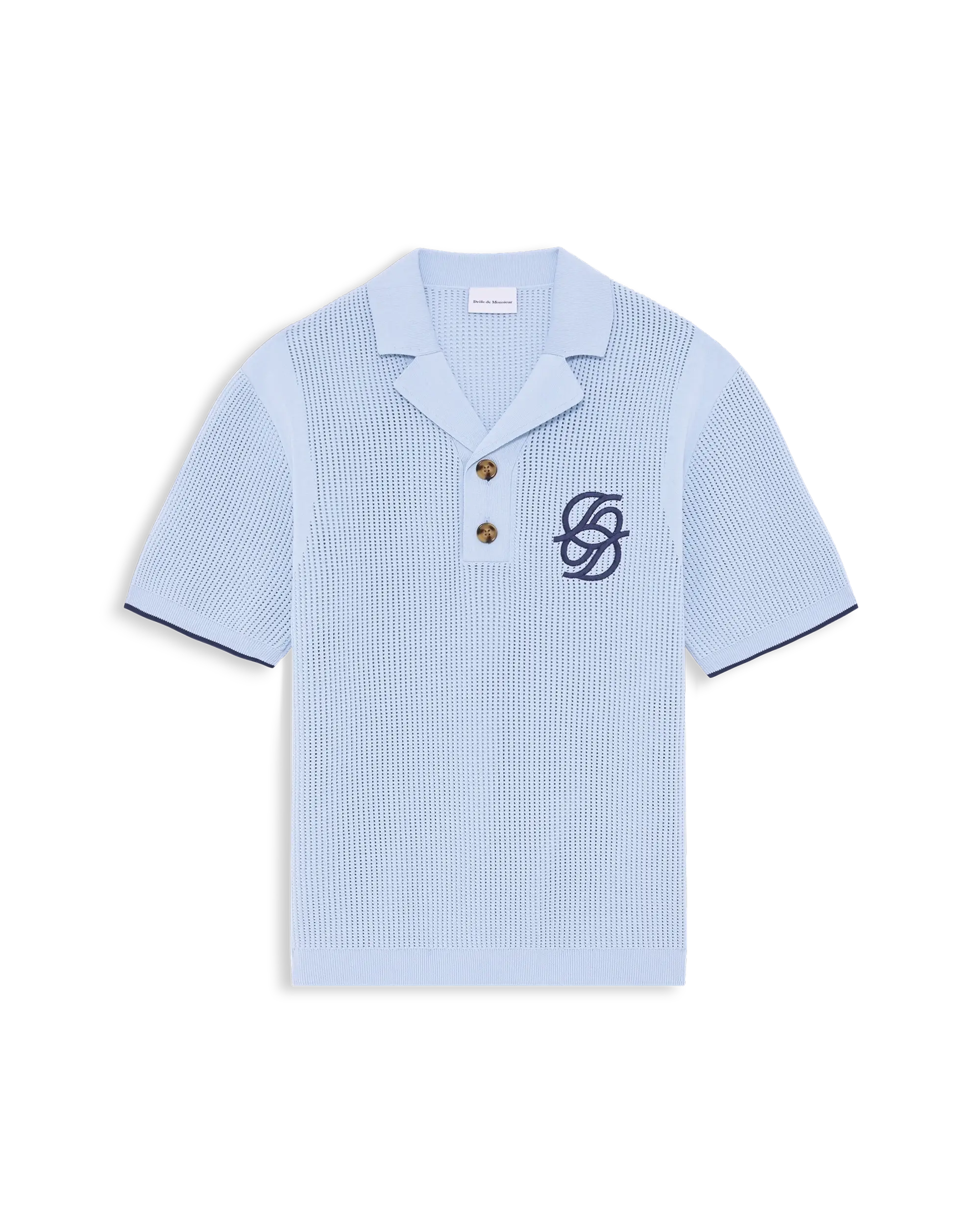 Drôle De Monsieur Polo Maille Monogramme Strickpolo Hellblau Baumwolle