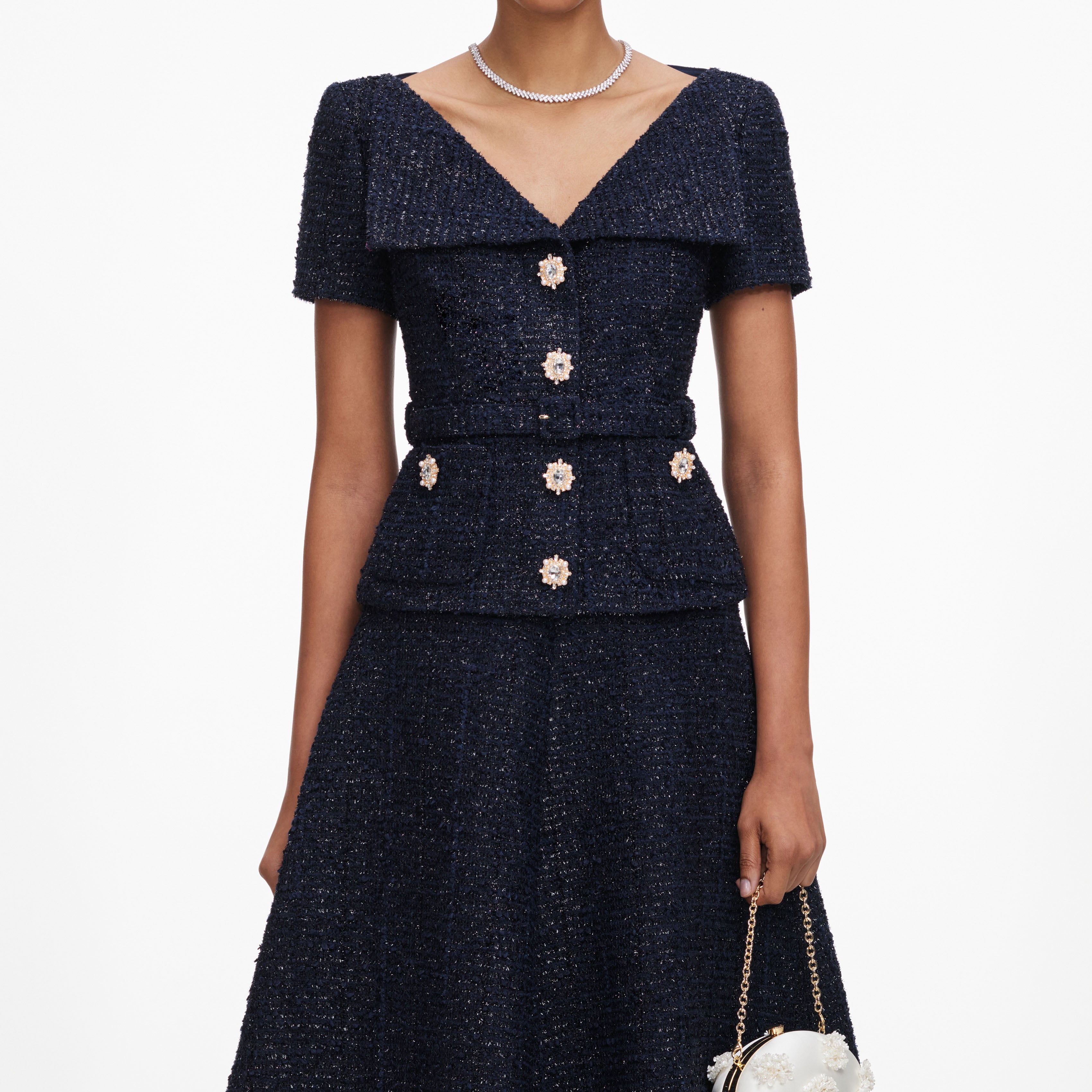 Self Portrait Boucle Midikleid Navy Diamante-Knöpfe Taschen