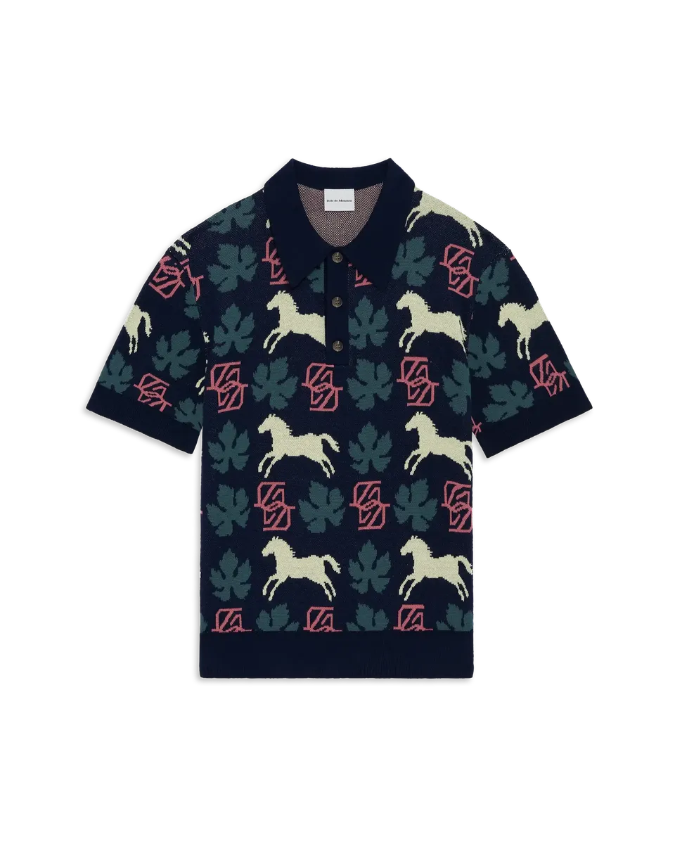 Drôle De Monsieur Horse Monogram Knit Polo Strickpolo navy
