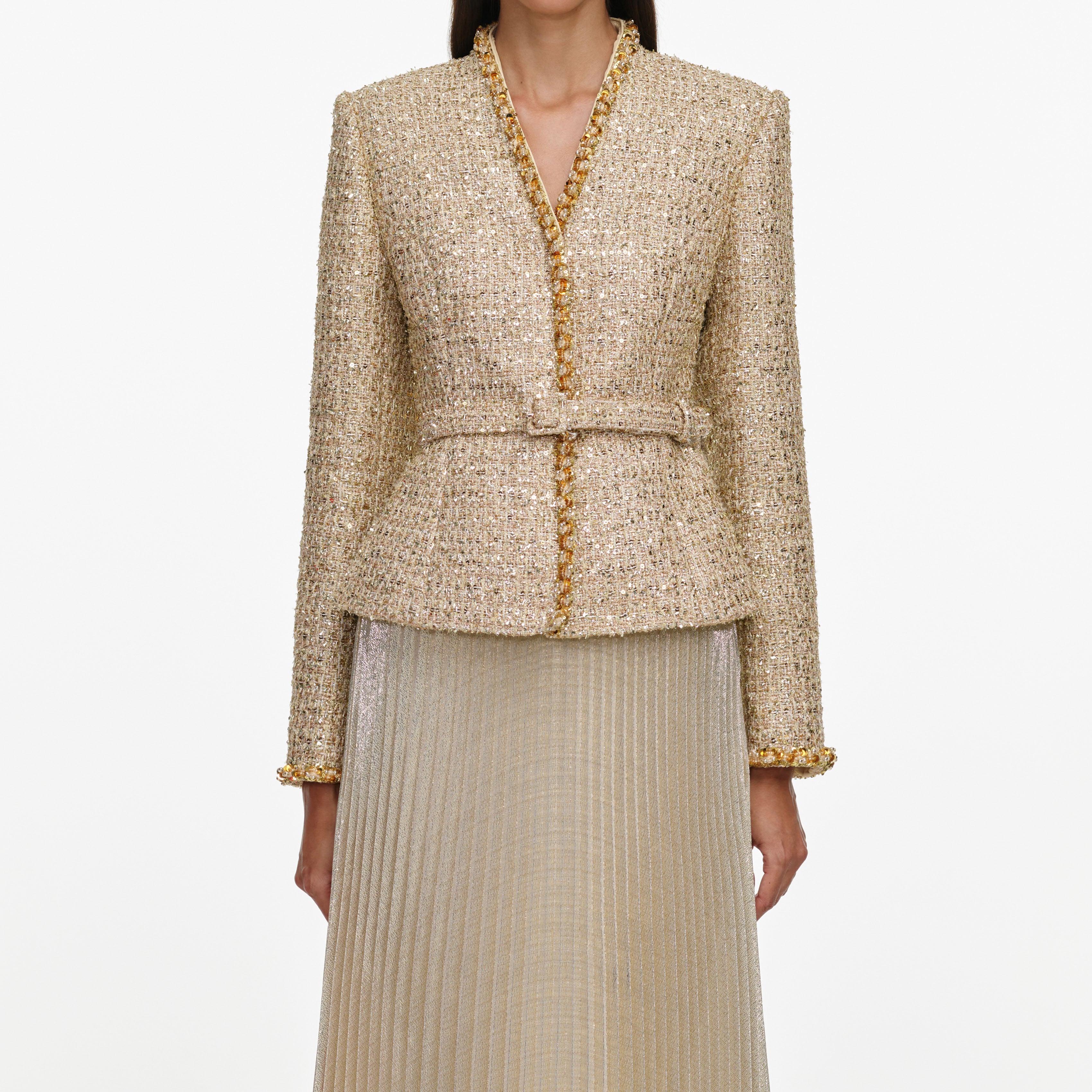 Self Portrait Boucle Maxikleid Gold Plissiert 2-in-1