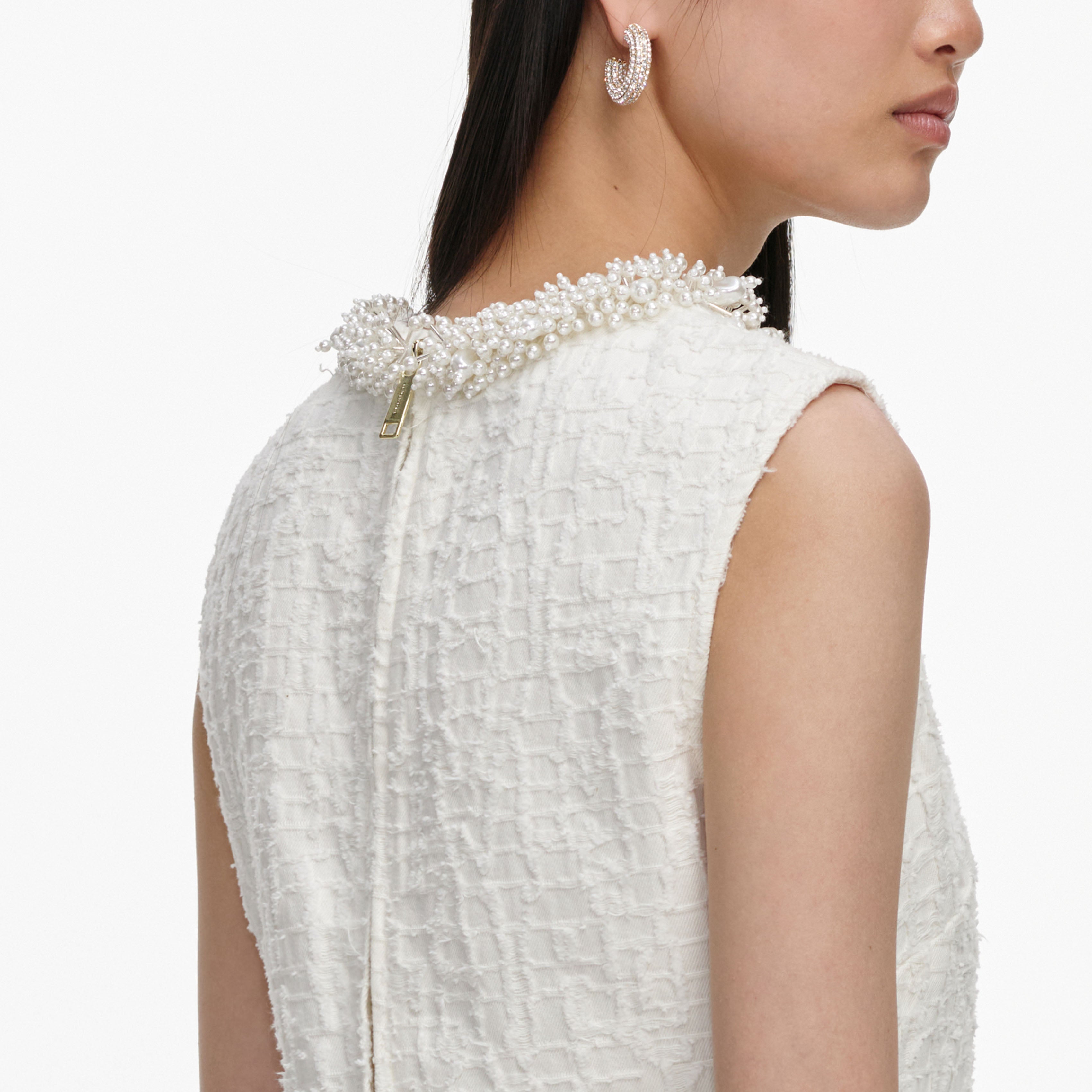 Self-Portrait Denim Cream Textured Minikleid creme Perlen