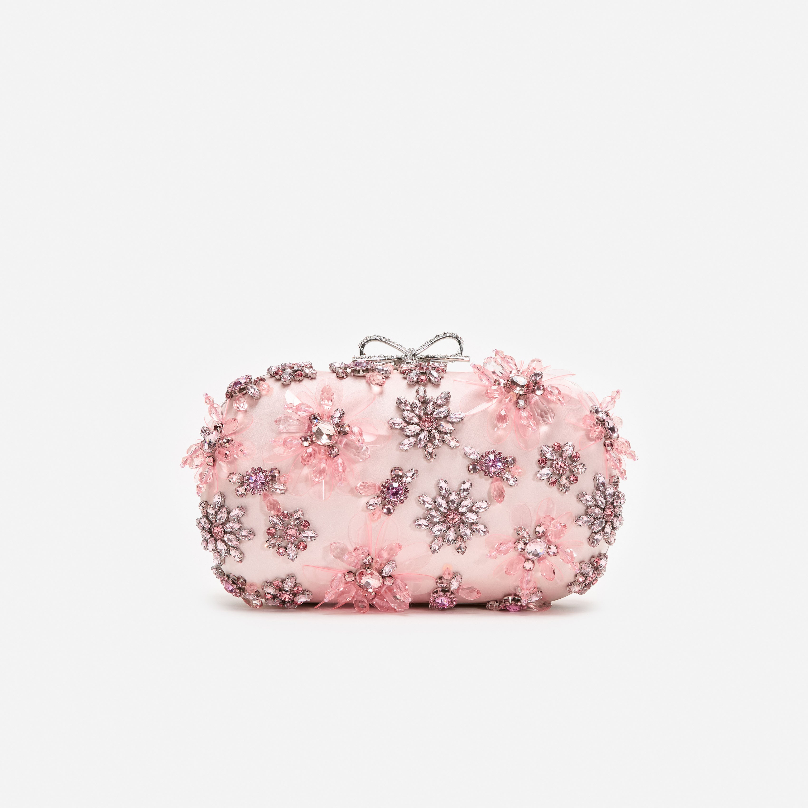 Self Portrait Pink Satin Floral Crystal Clutch Rosa