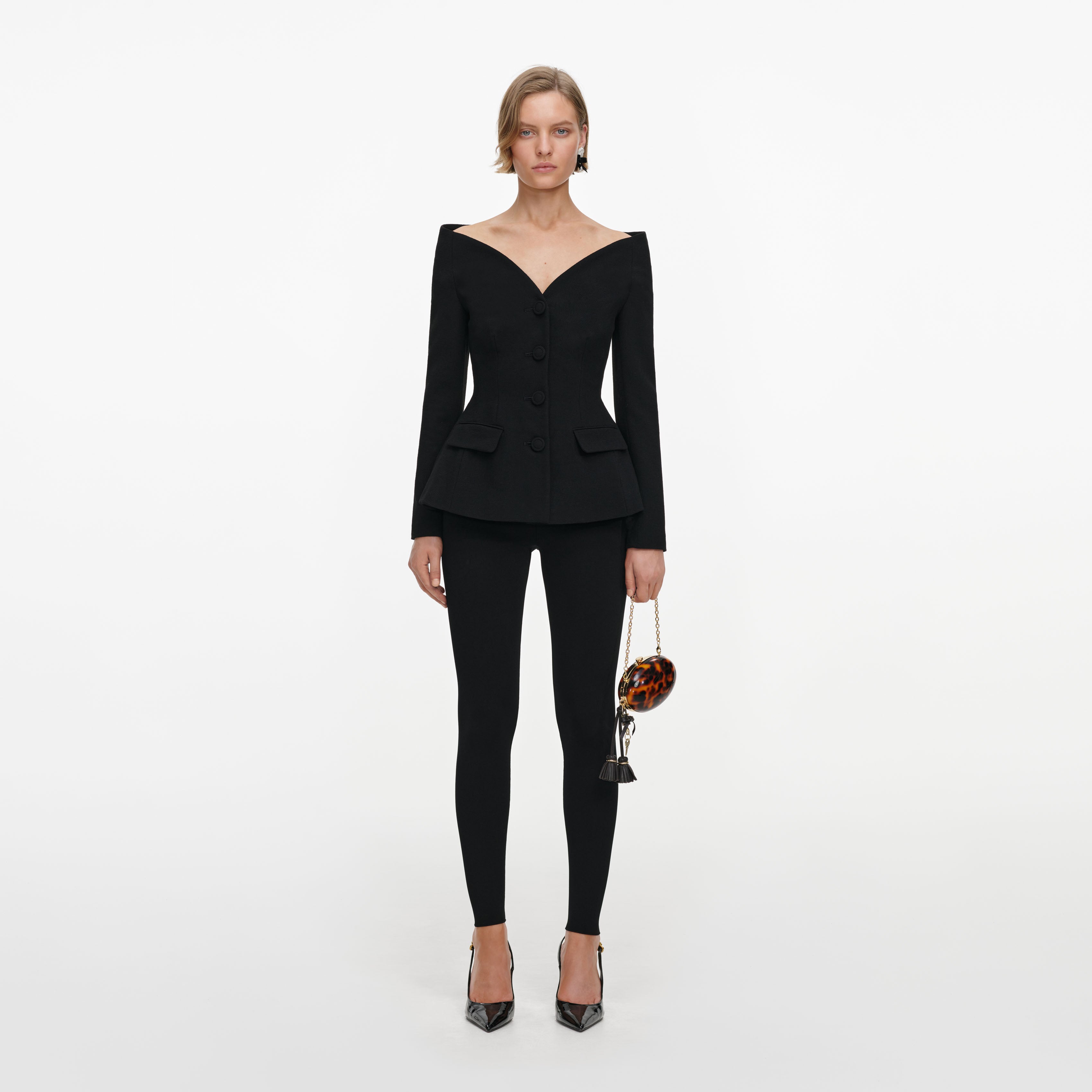 Self Portrait Jacket Schwarz Woll-Crepe Off-Shoulder Peplum
