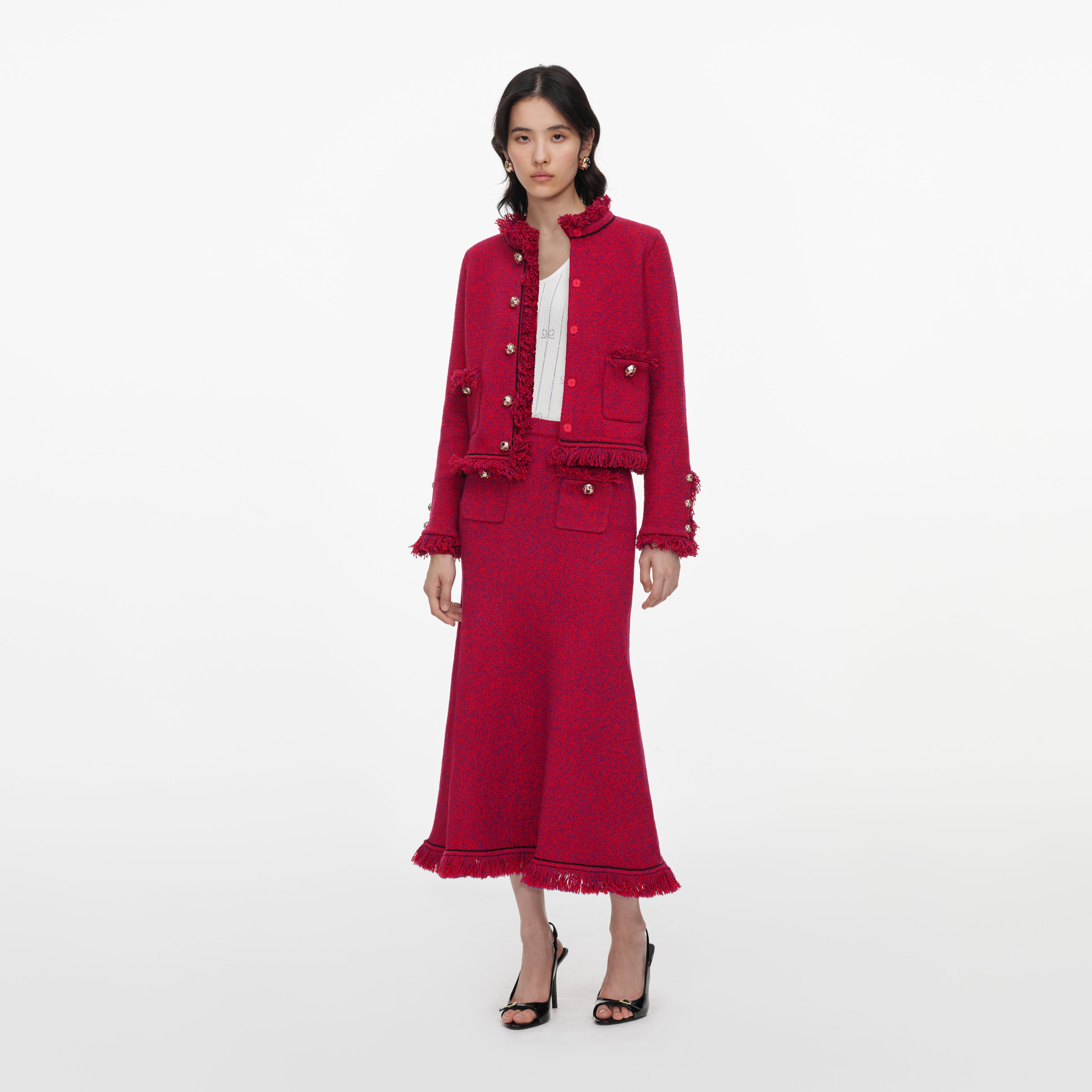 Self Portrait Red Frayed Strickrock Midi Rot