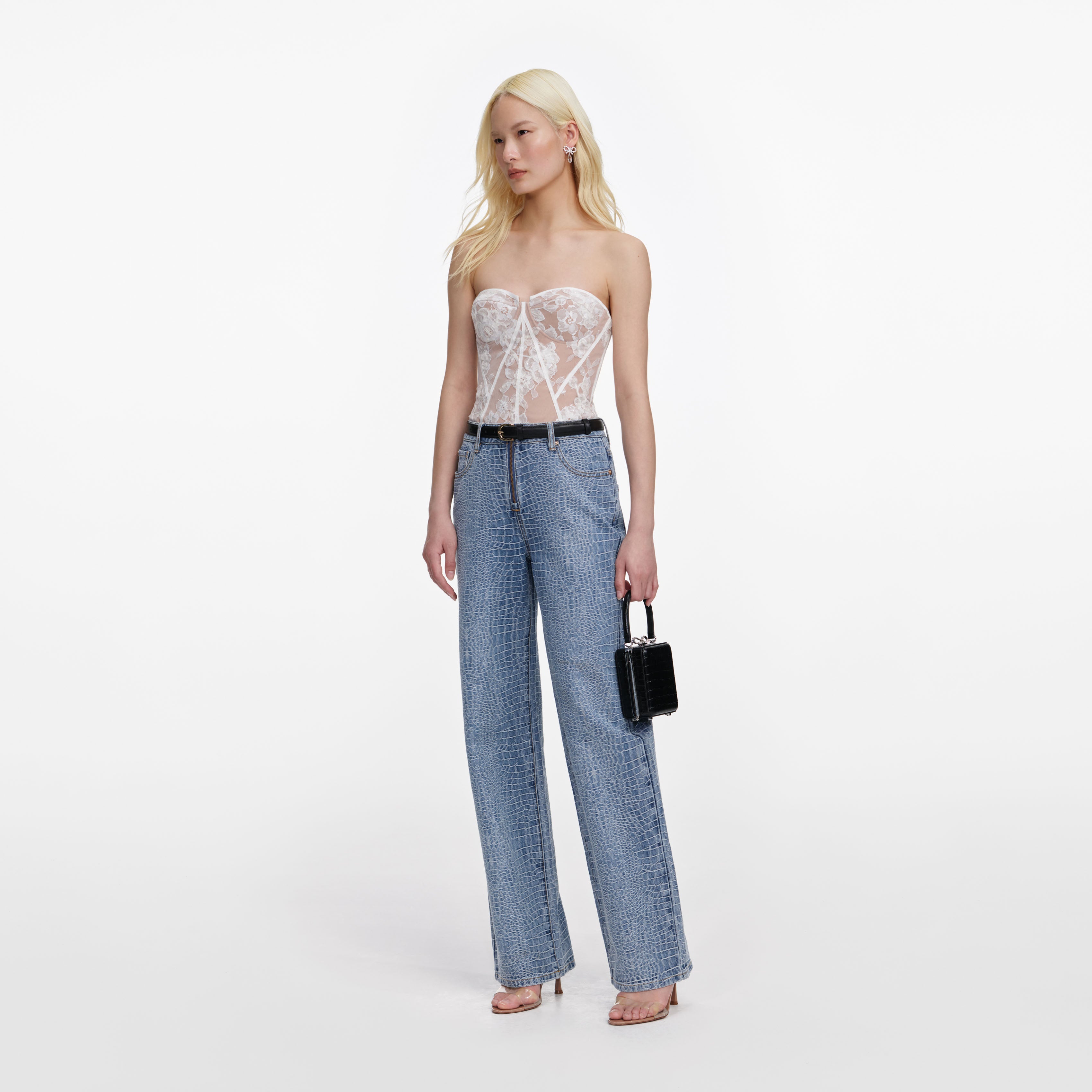 Self Portrait White Sequin Lace Bandeau Top Weiß Korsett