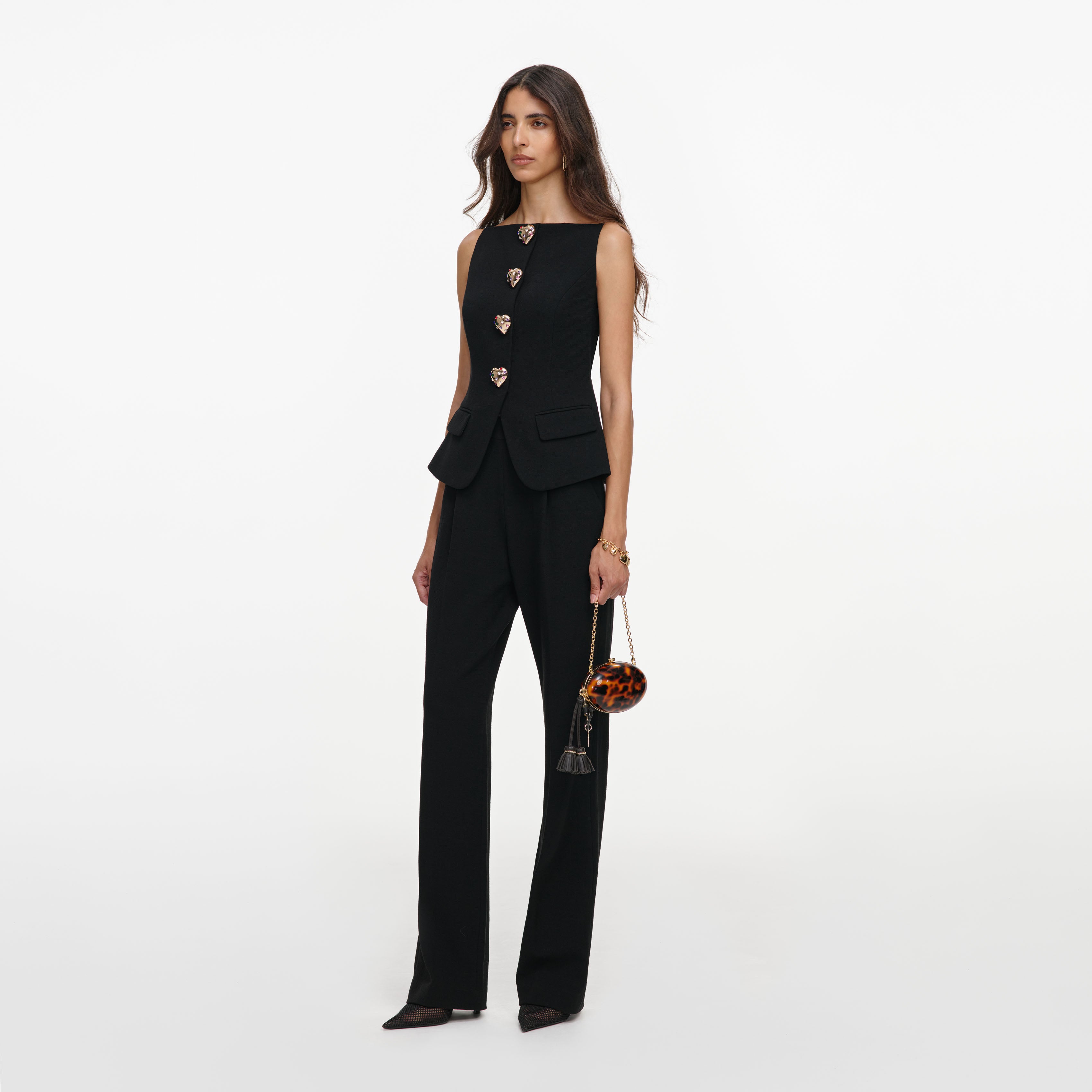 Self Portrait Wool Crepe Jumpsuit Overall Schwarz Goldknöpfe