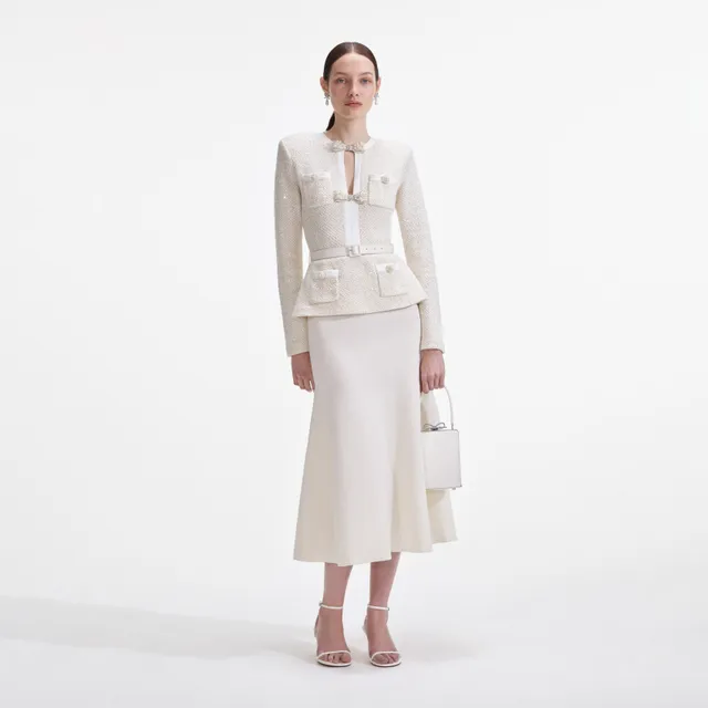 Self Portrait Sequin Midi Kleid Creme Strick Pailletten