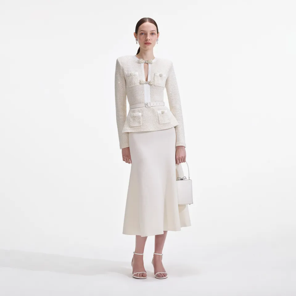 Self Portrait Sequin Midi Kleid Creme Strick Pailletten