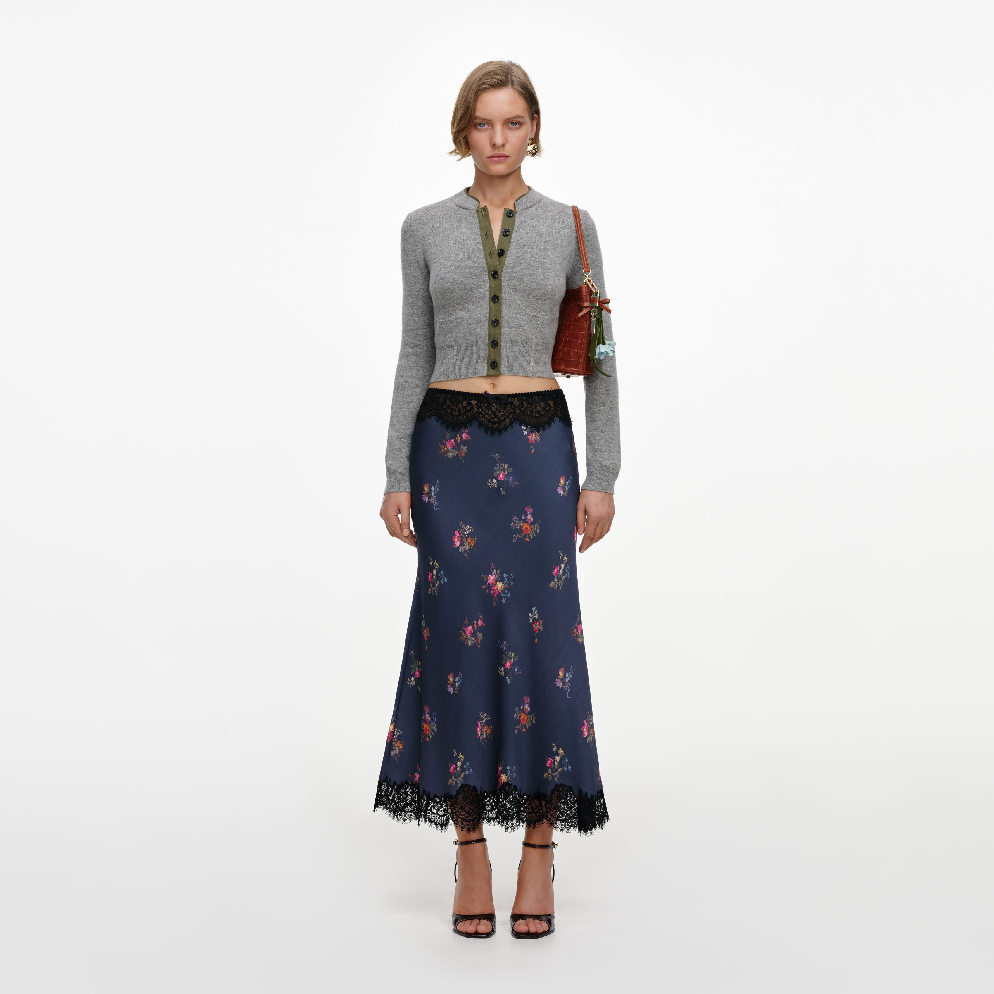 Self Portrait Navy Satin Midirock Blau Spitze Floral