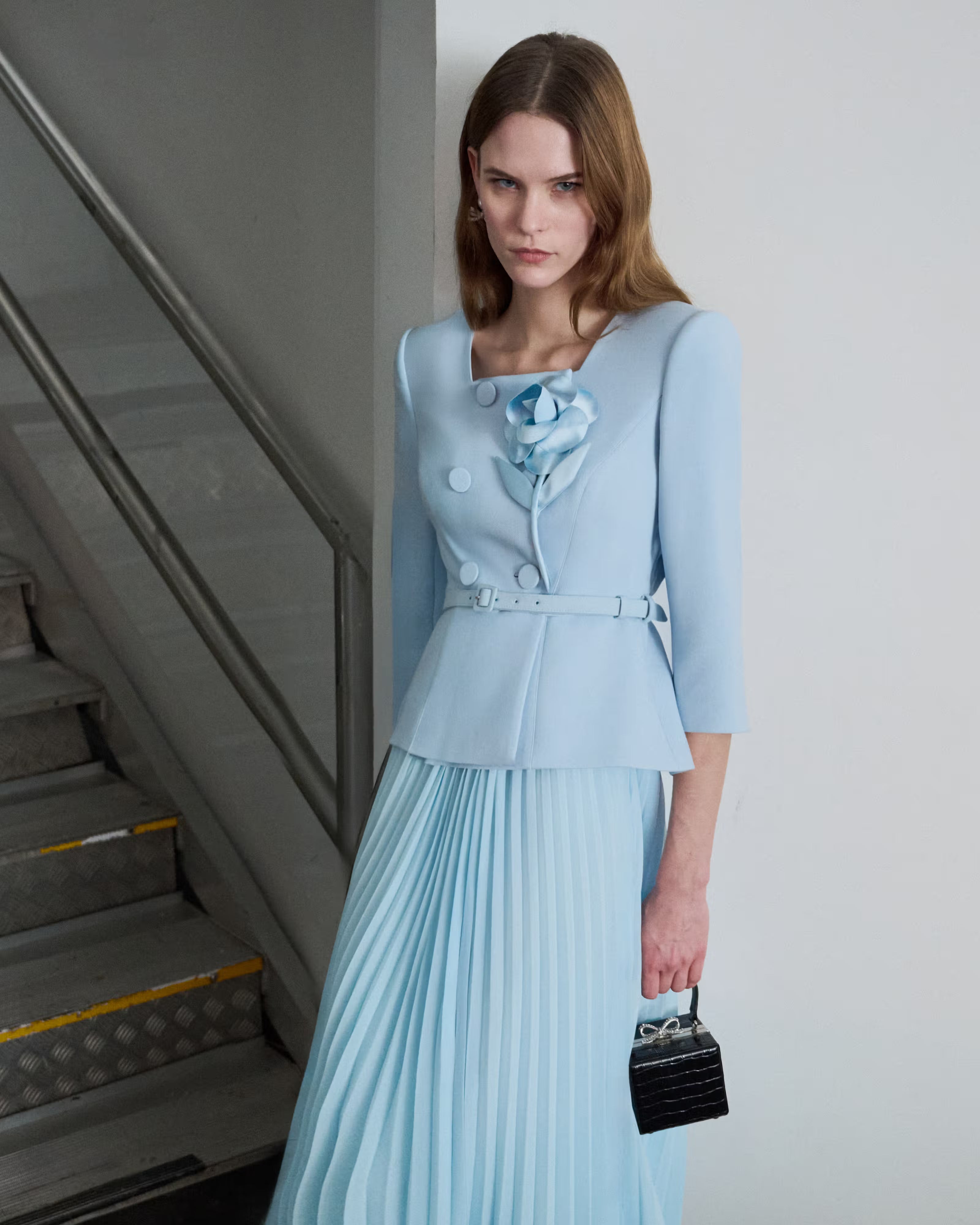 Self Portrait 3D Flower Chiffon Midi Kleid Blau