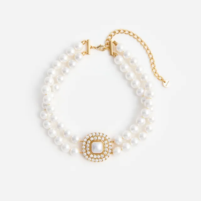 Self Portrait Gold Crystal Pearl Choker Kette One Size Creme