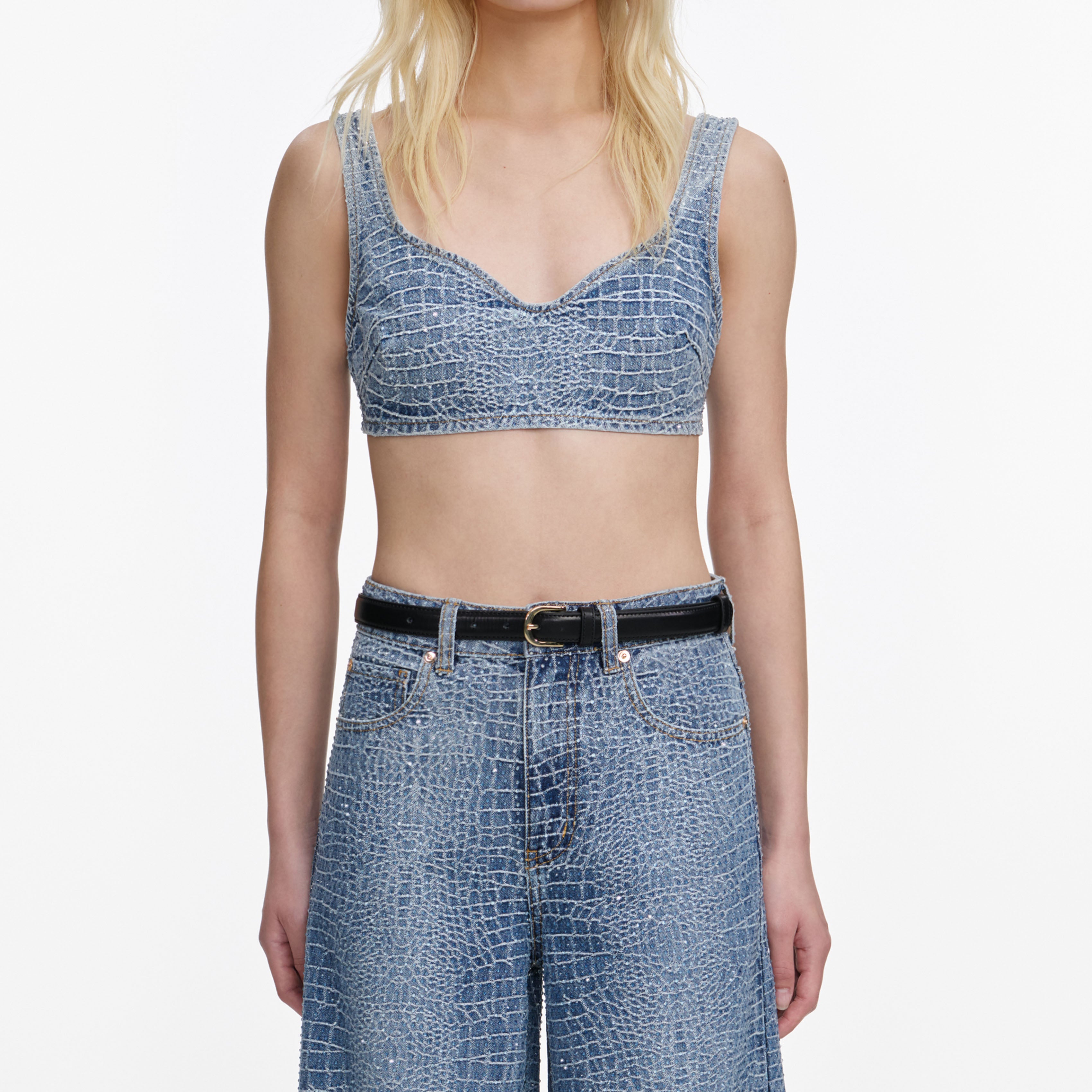 Self Portrait Denim Rhinestone Croc Effect Denim Bralette Top UK 8