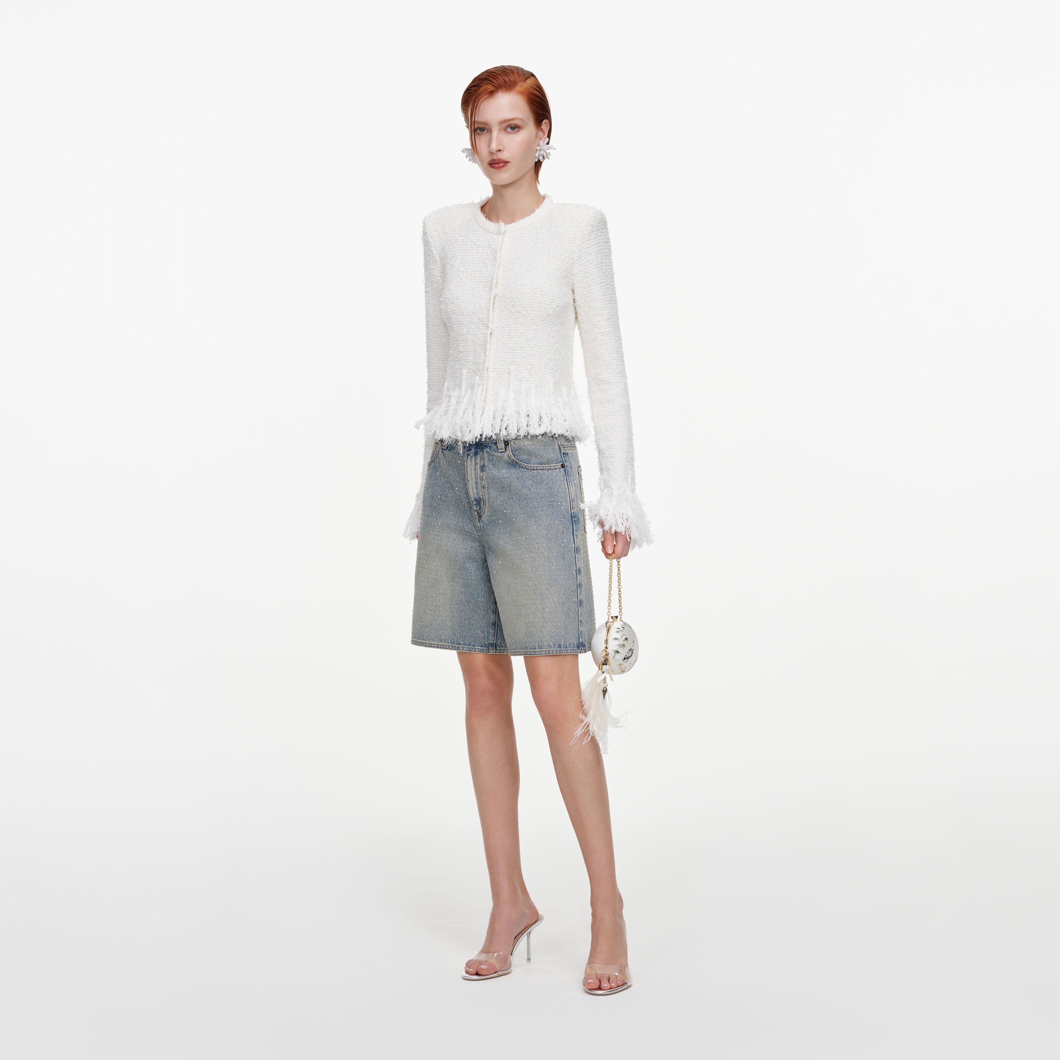 Self Portrait White Fringe Knit Cardigan Wei Boucle