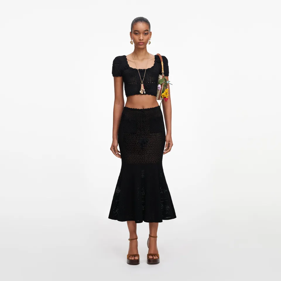 Self Portrait Black Crochet Knit Midi Skirt Strickrock schwarz