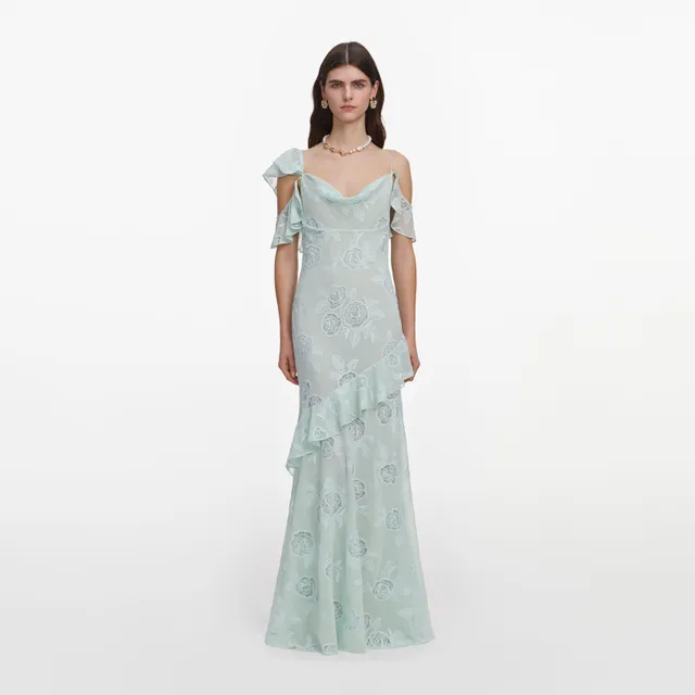 Self Portrait Mint Georgette Maxikleid One-Shoulder