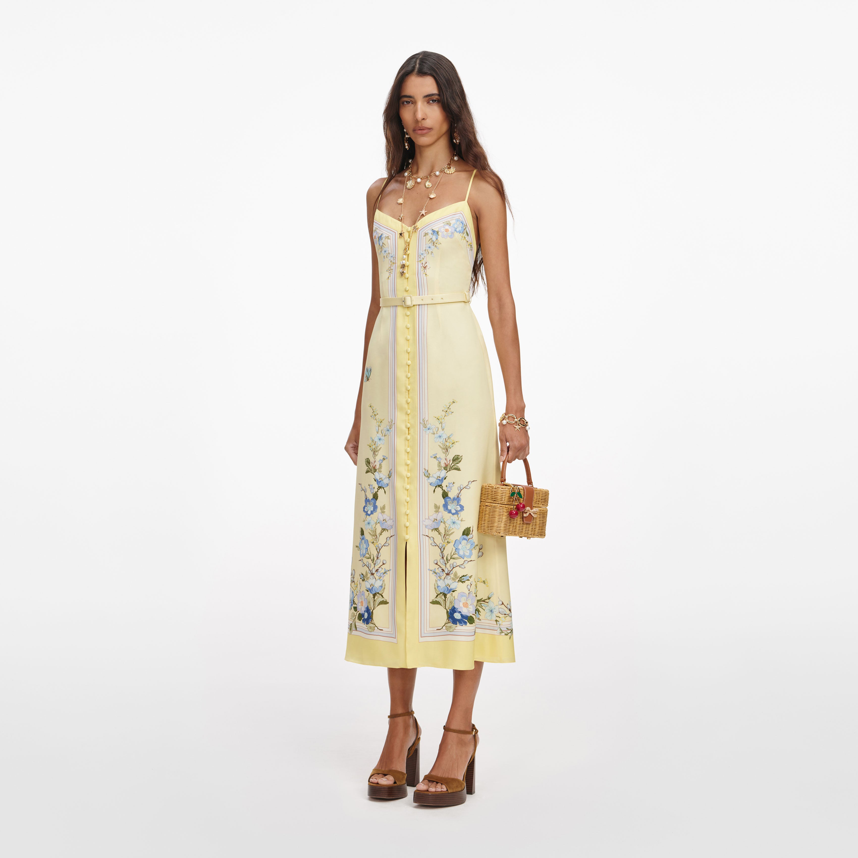 Self Portrait Yellow Floral Satin Midi Kleid Gr. UK 6