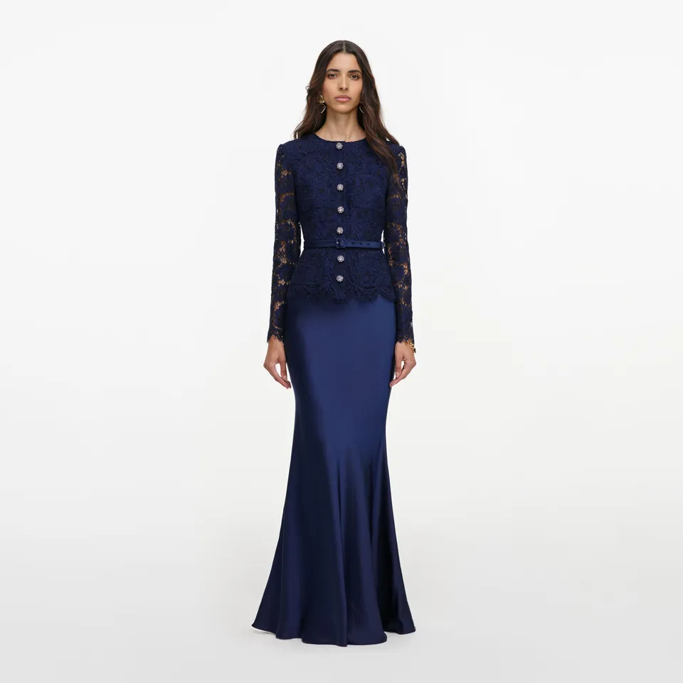 Self Portrait Navy Tailored Lace Satin Maxi Dress Kleid Blau