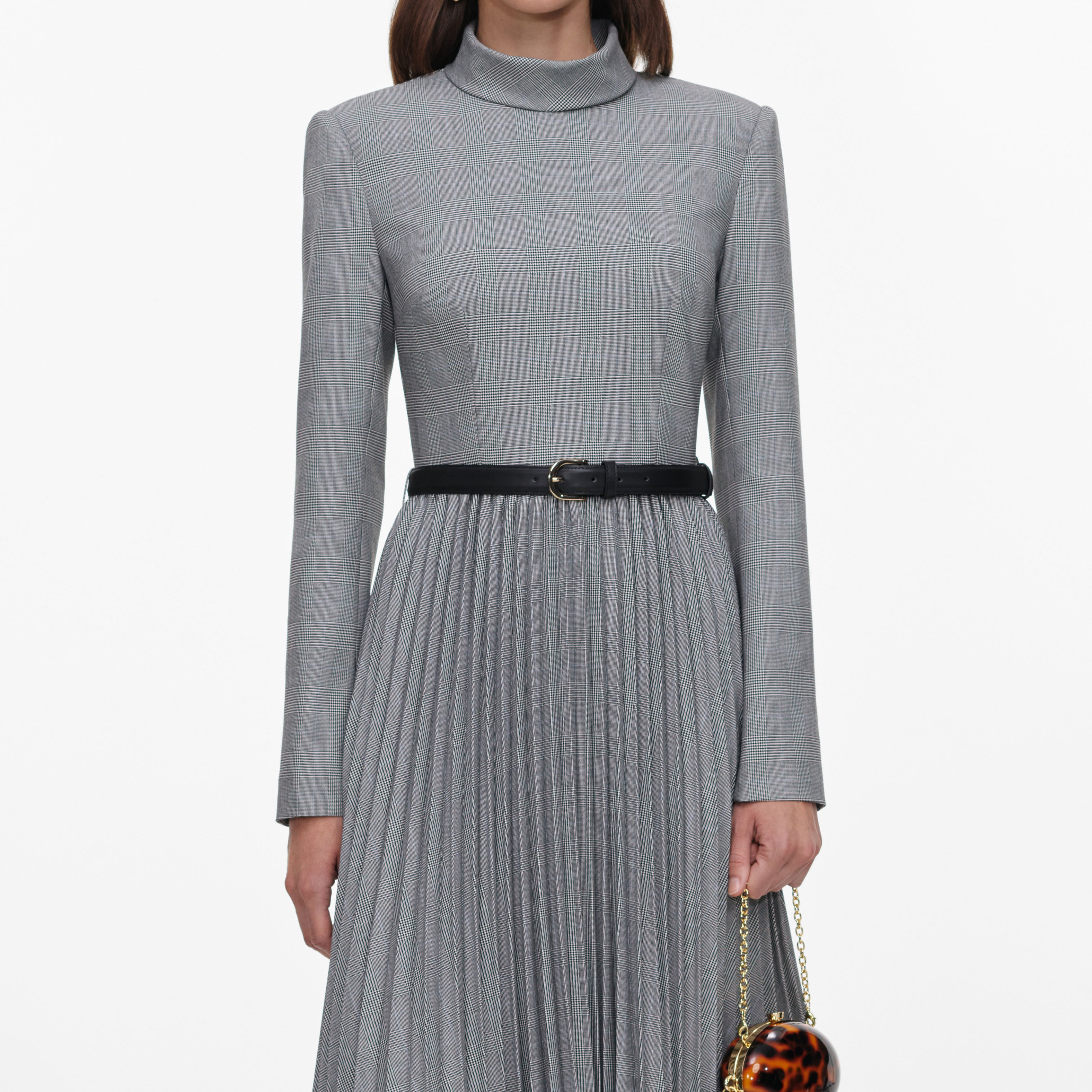Self Portrait Dresses Grey Check Pleated Midi Kleid Grau Wolle