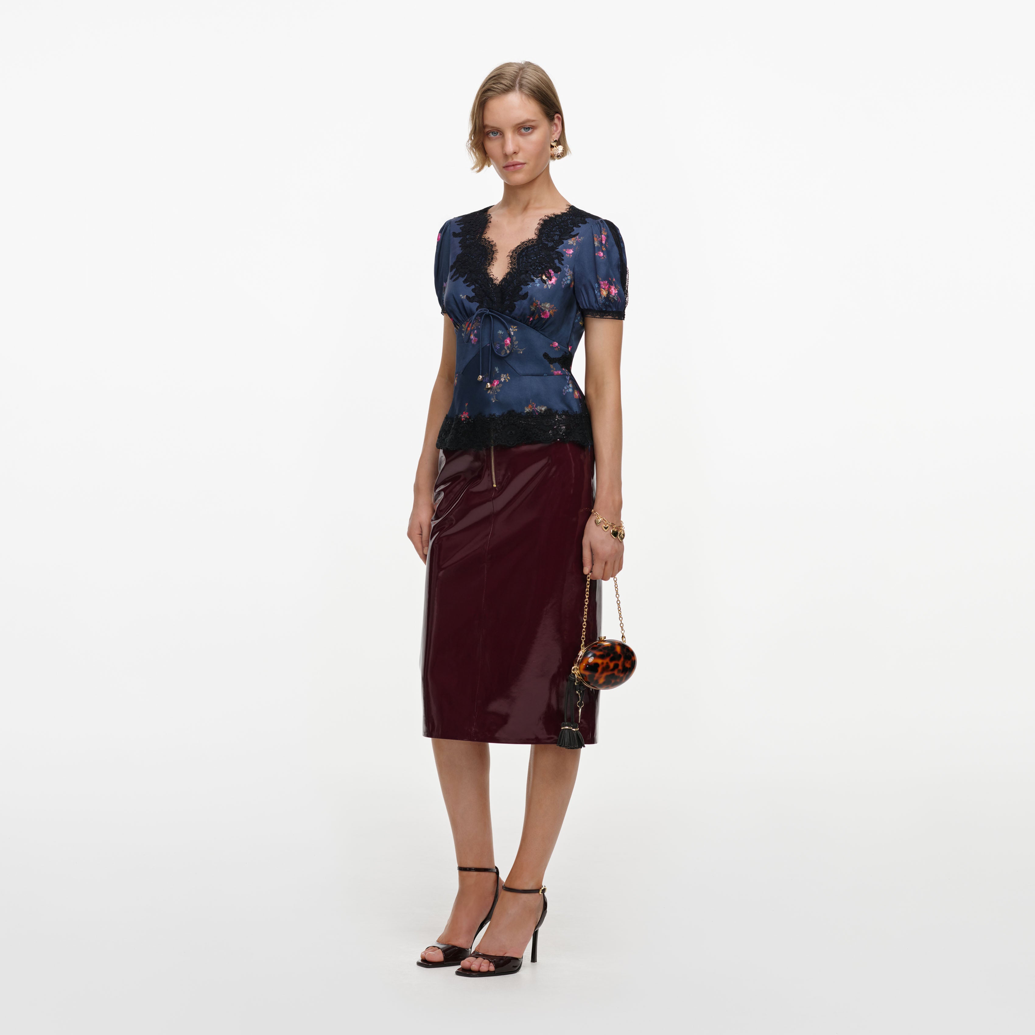 Self Portrait Tops Satin Top Navy Floral Spitze