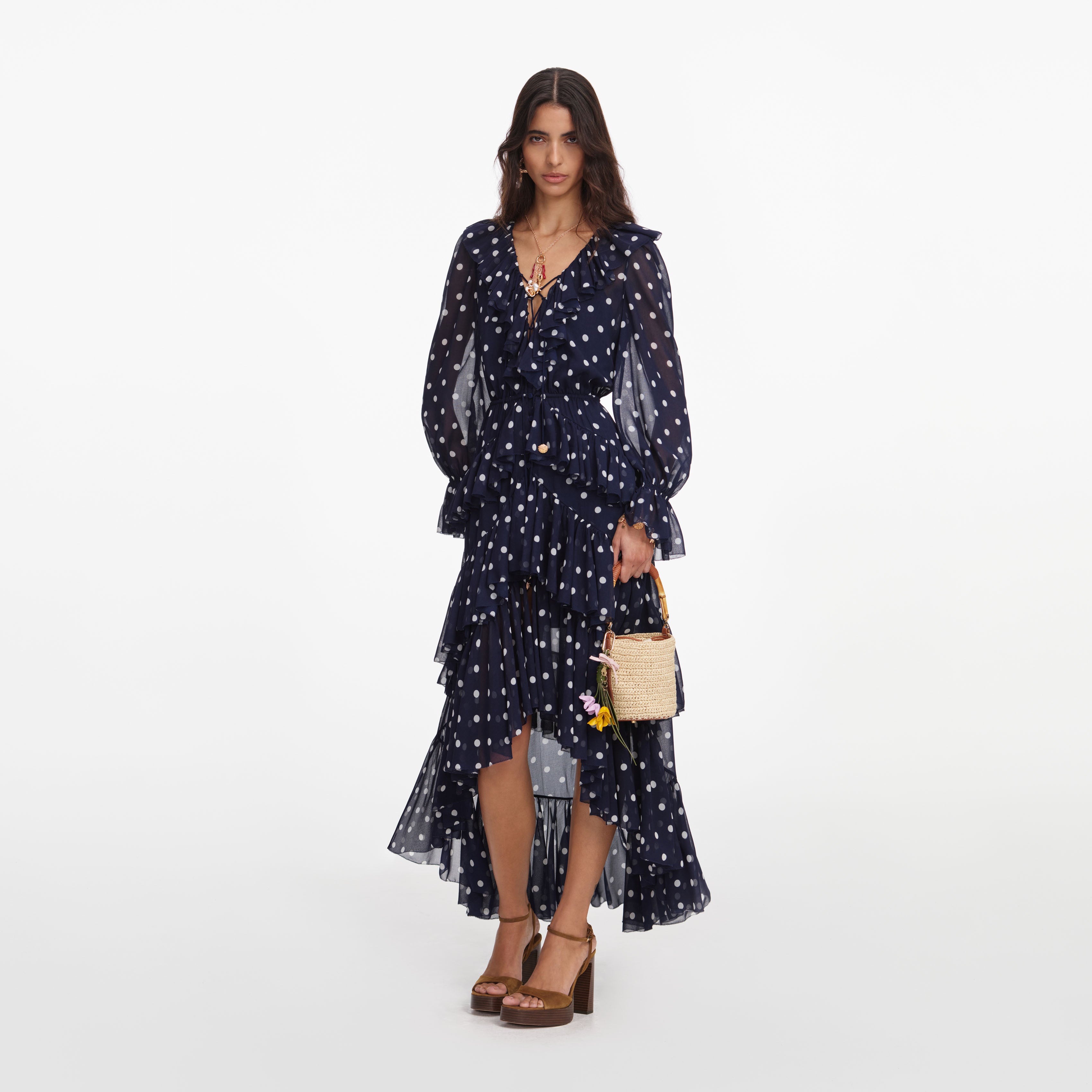 Self Portrait Polka Dot Georgette Maxikleid Navy Punkte