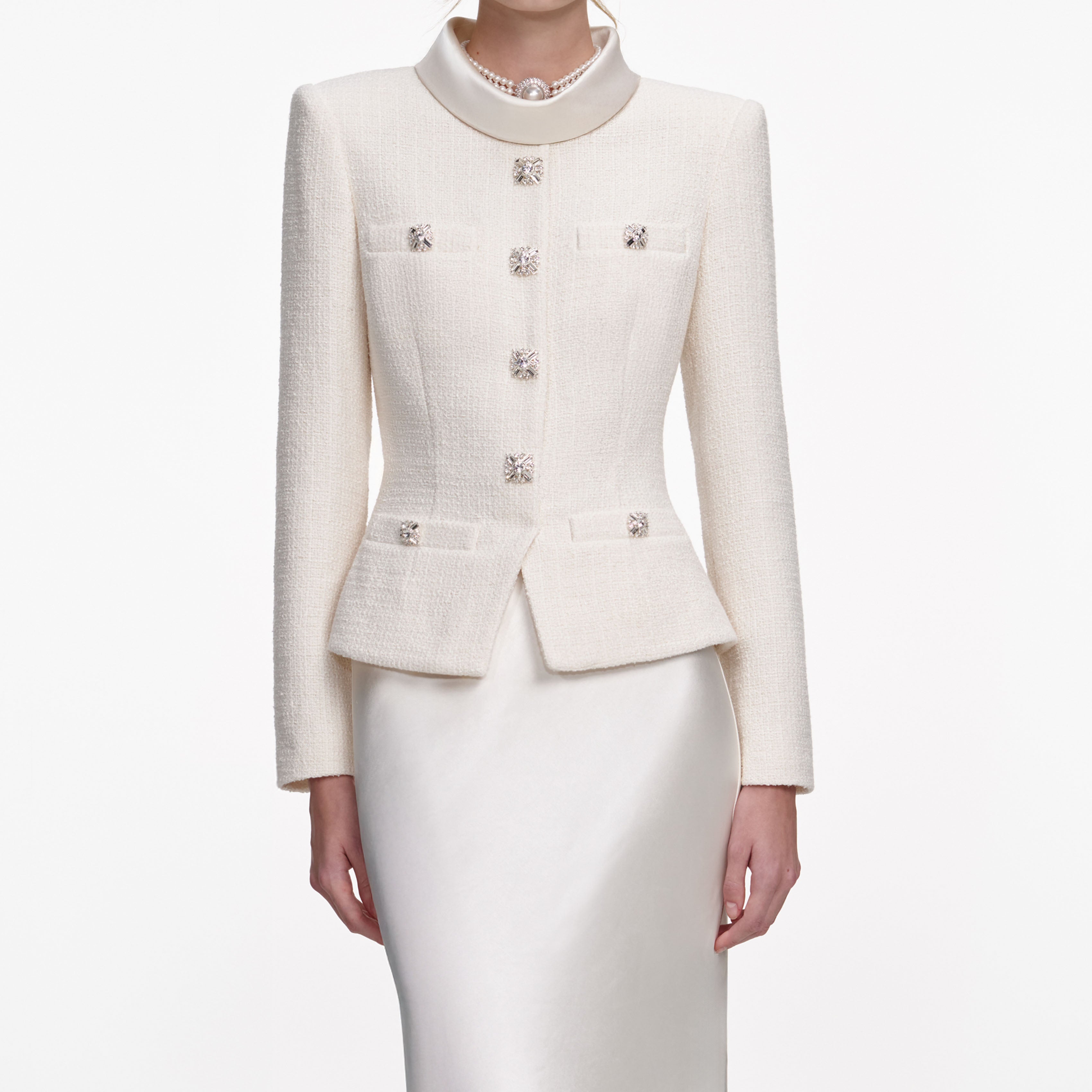 Self Portrait Cream Boucle Collared Maxi Kleid Creme