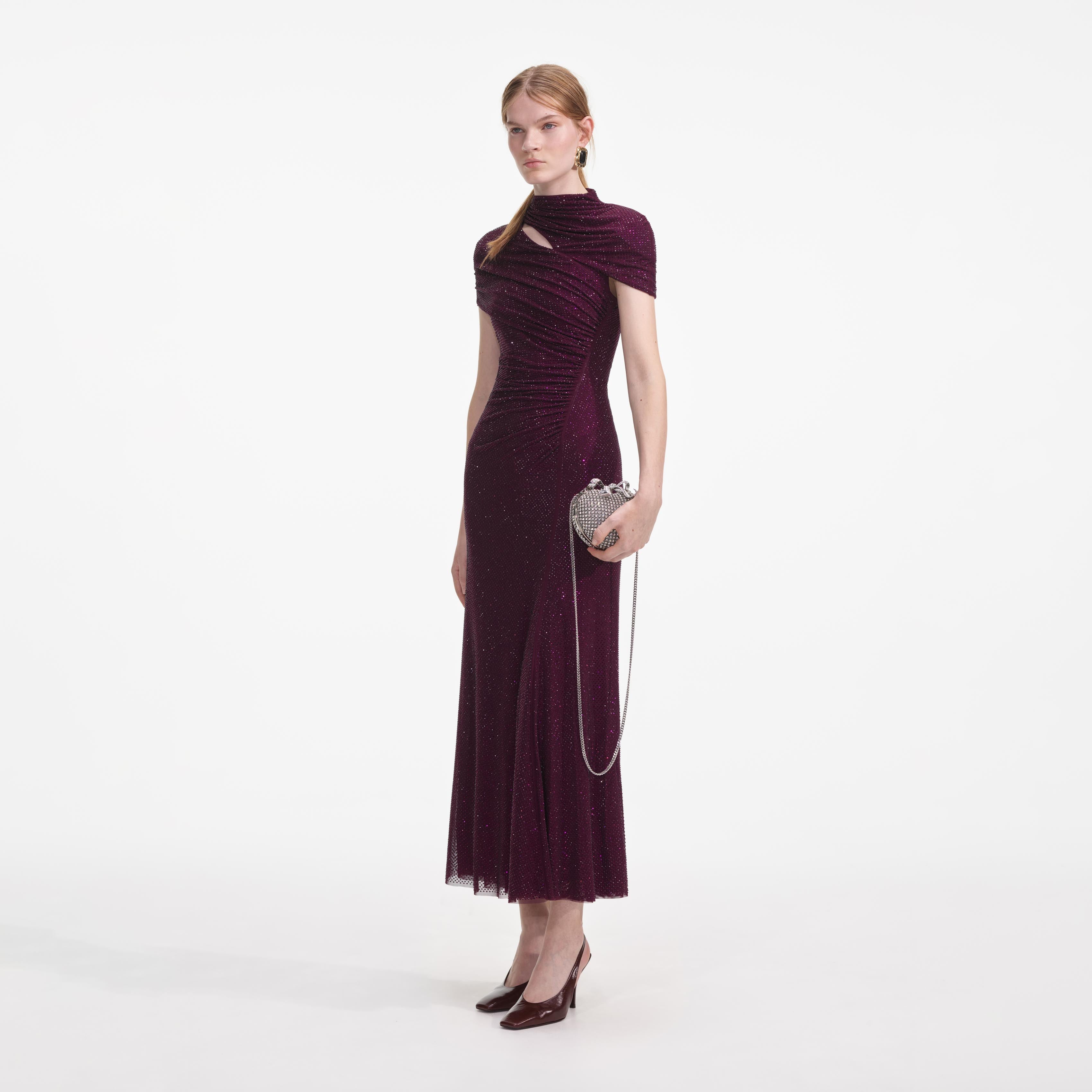 Self Portrait Burgundy Rhinestone Mesh Cut Out Midi Kleid UK 8