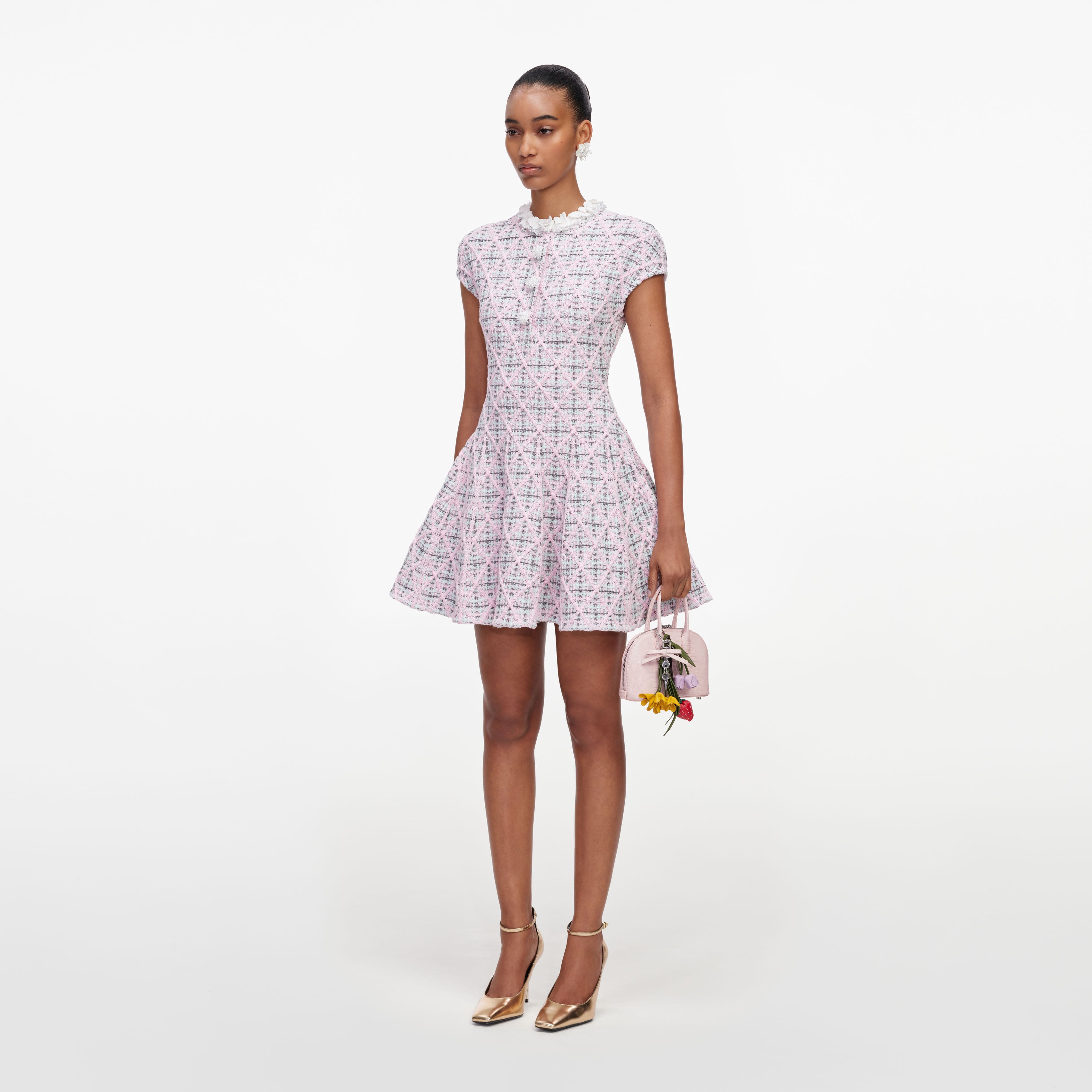 Self Portrait Check Strick Minikleid Rosa Perlen Knopfleiste