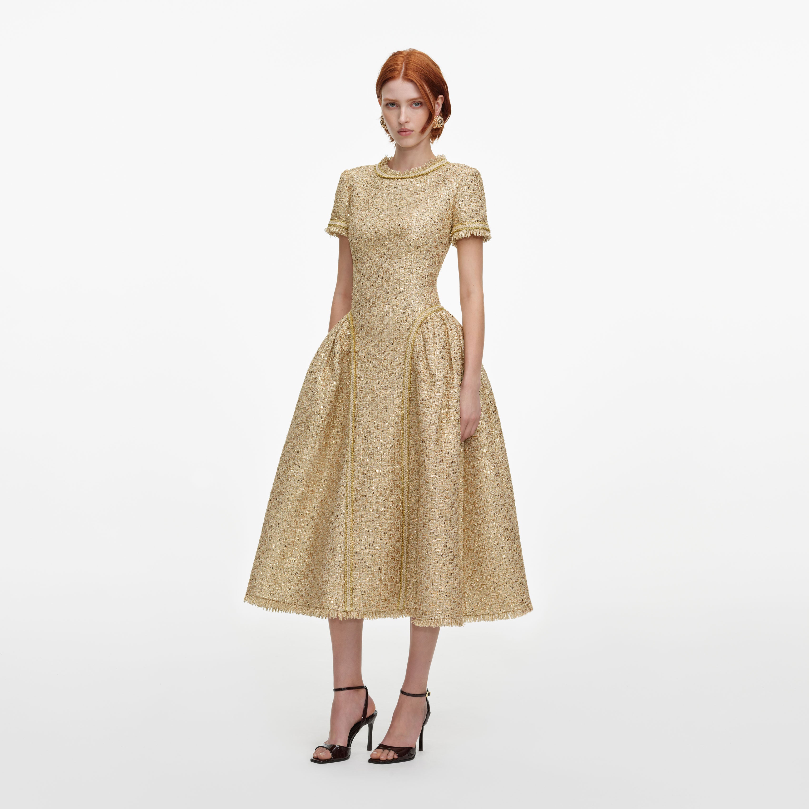 Self Portrait Gold Sequin Boucle Midi Kleid Gold
