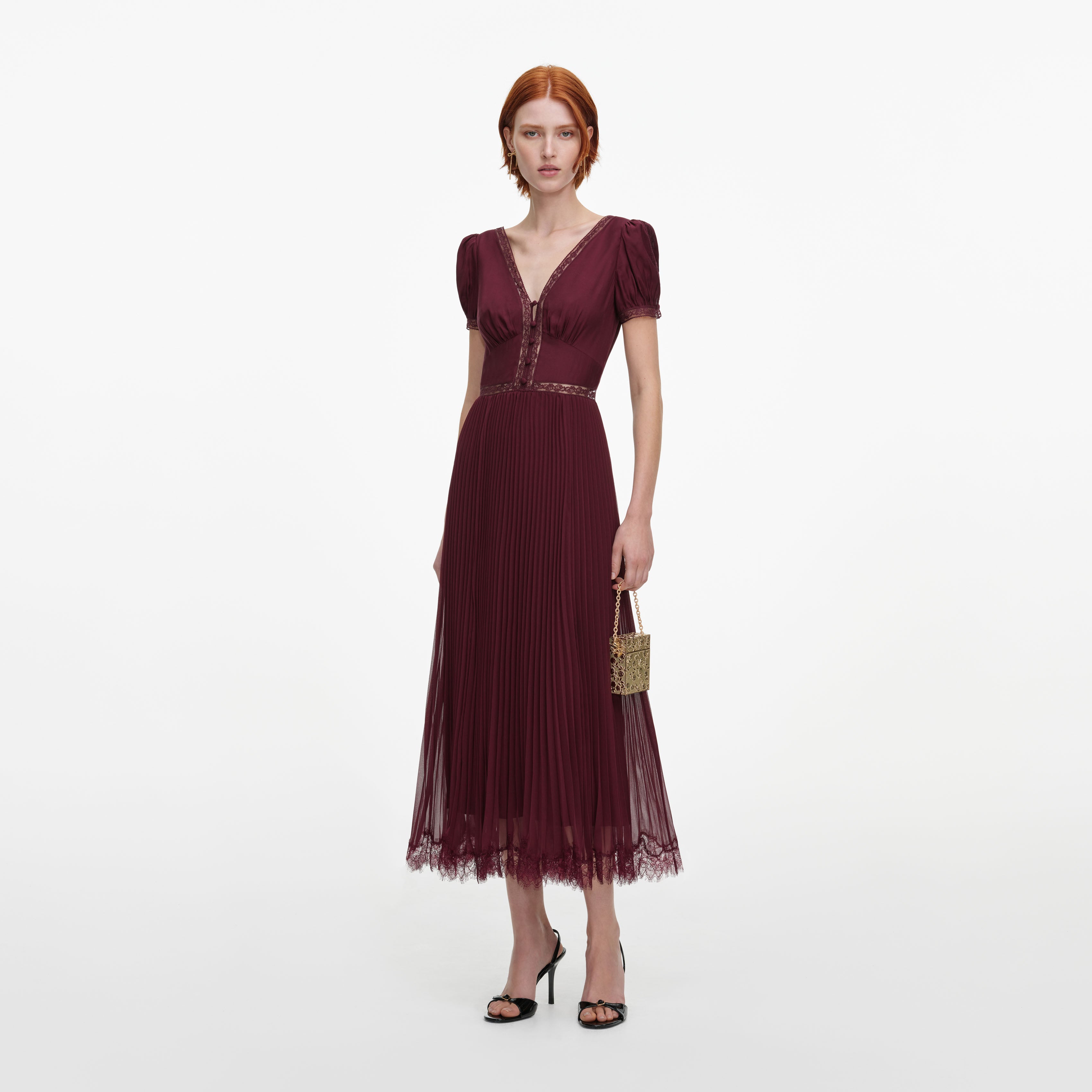 Self Portrait Viskose Midikleid Burgundy Plissee Spitze