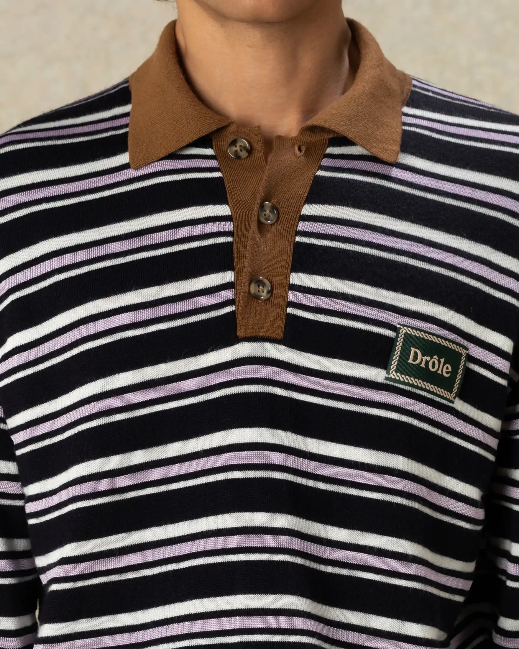 Drôle de Monsieur Striped Knit Polo Navy Merinowolle