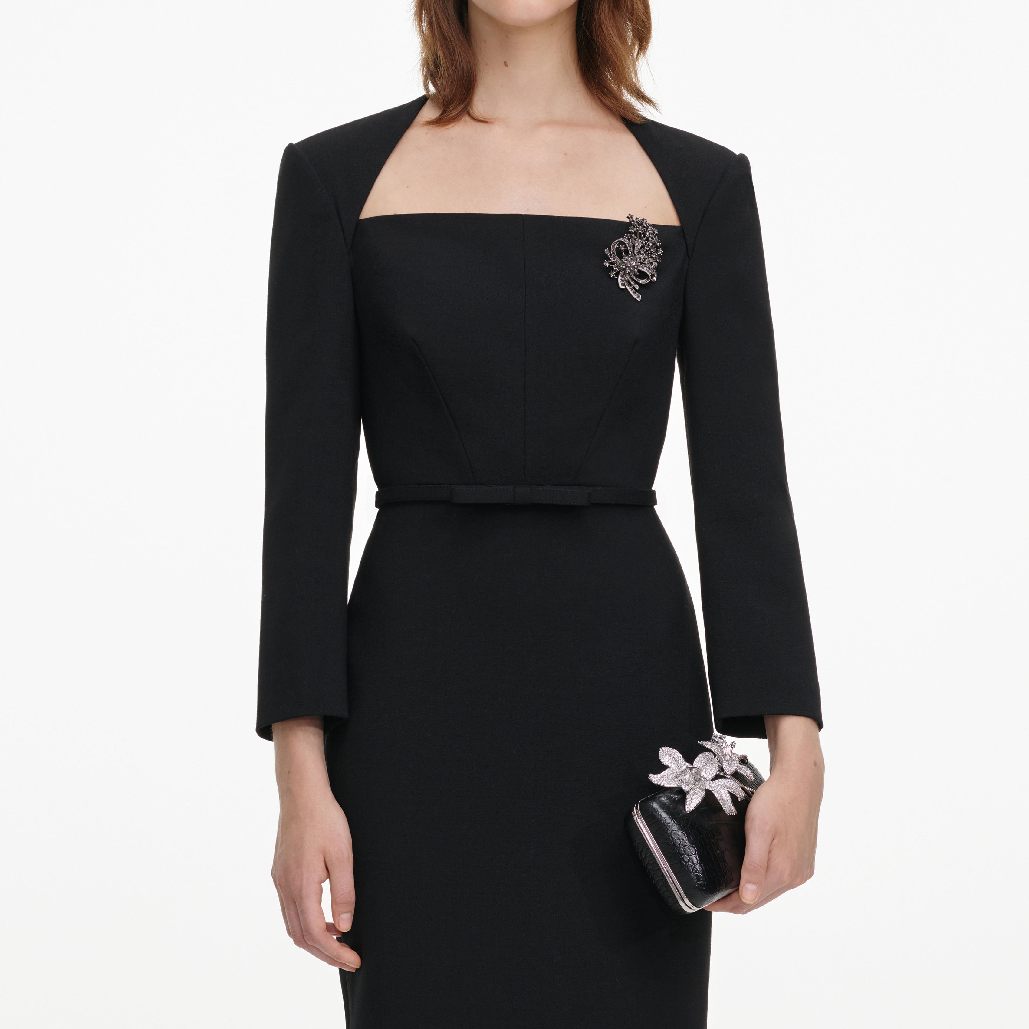 Self Portrait Black Tailored Brooch Midi Kleid Schwarz Wolle