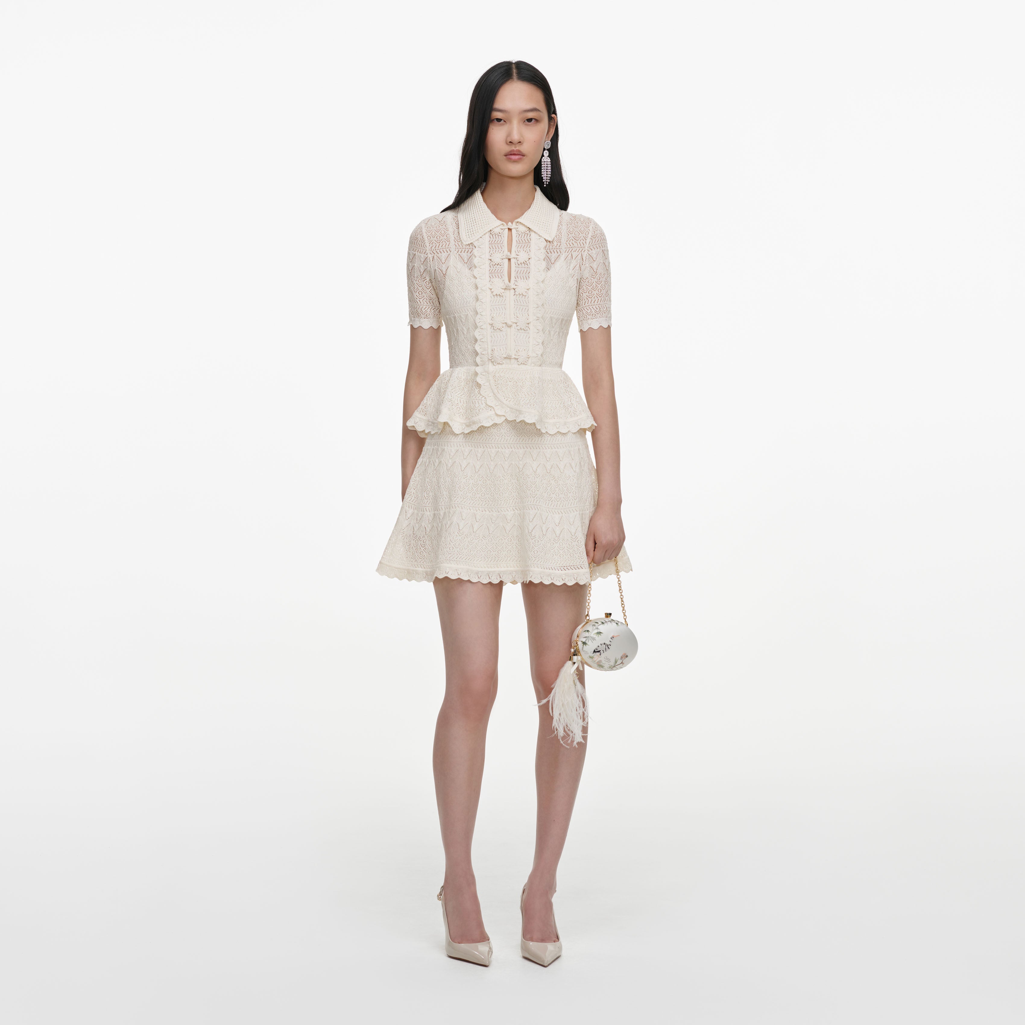 Self Portrait Pointelle Knit Wrap Peplum Kleid Creme Mini