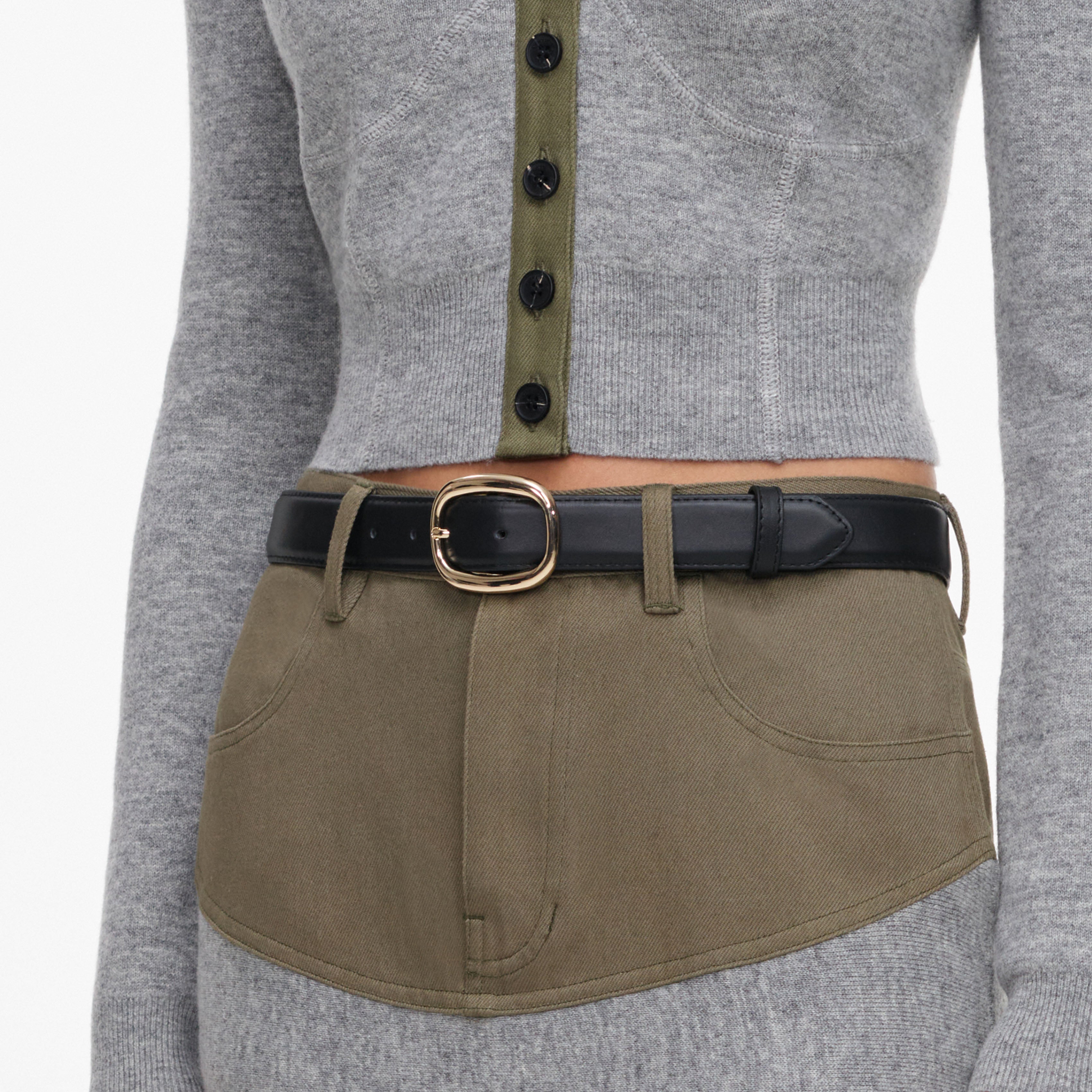 Self Portrait Denim Grey Knit Khaki Denim Insert Midi Rock mit Gürtel