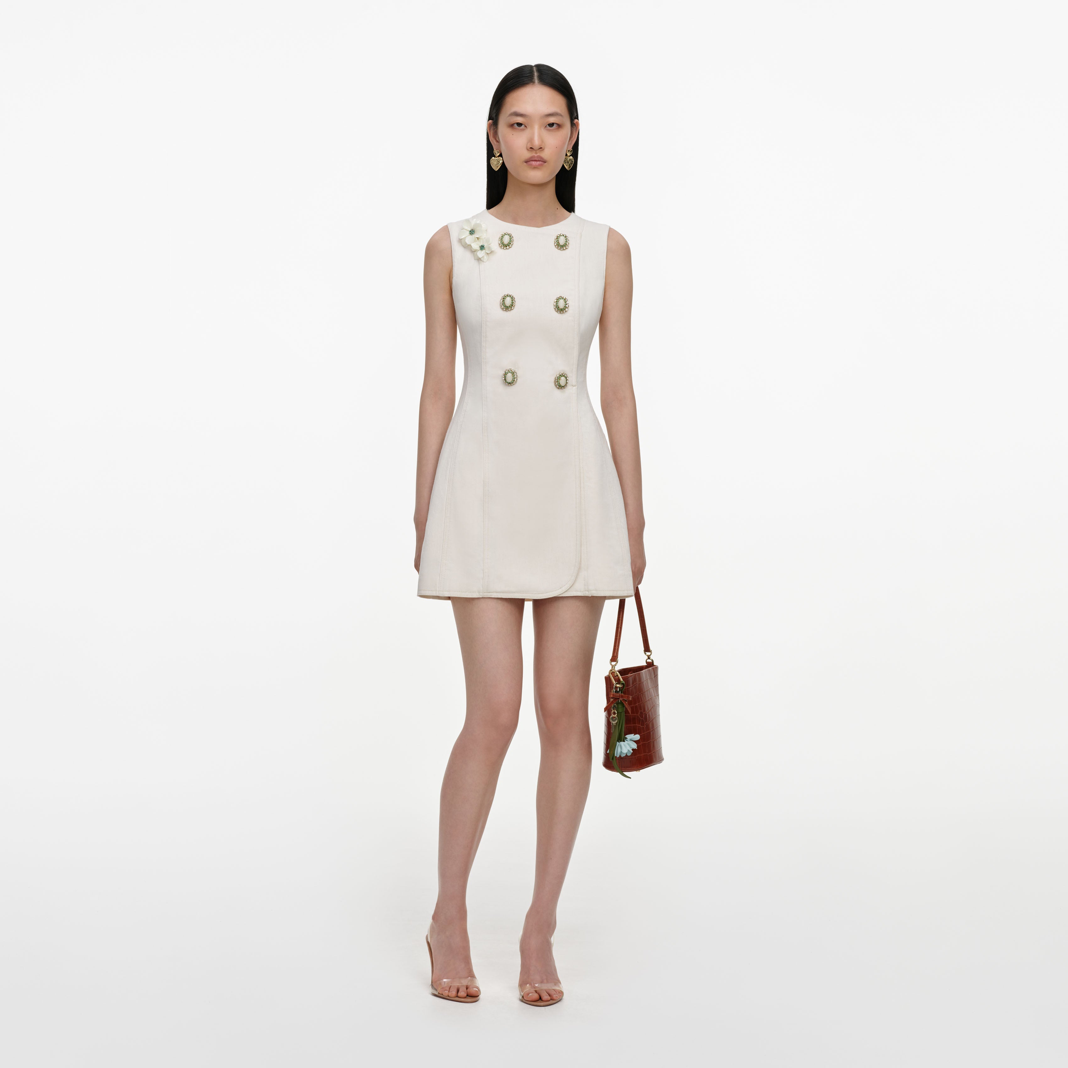 Self Portrait Cream Denim Double Breasted Mini Kleid Creme 8