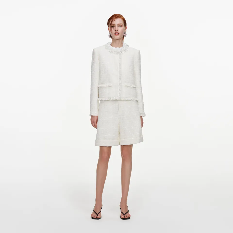 Self Portrait Cream Sequin Boucle Pearl Jacke Creme