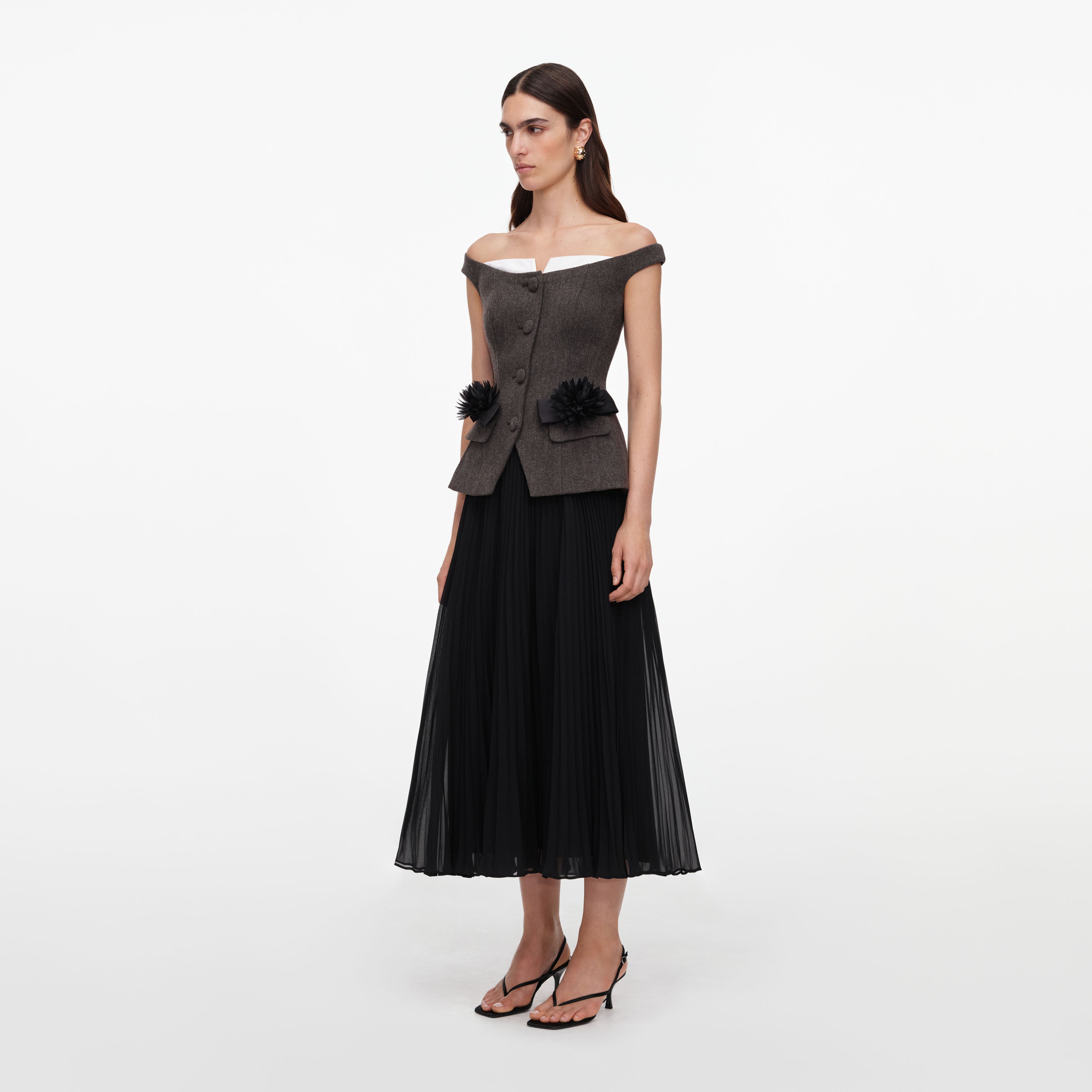 Self Portrait Dresses Brown Off Shoulder Chiffon Midi Kleid UK 10
