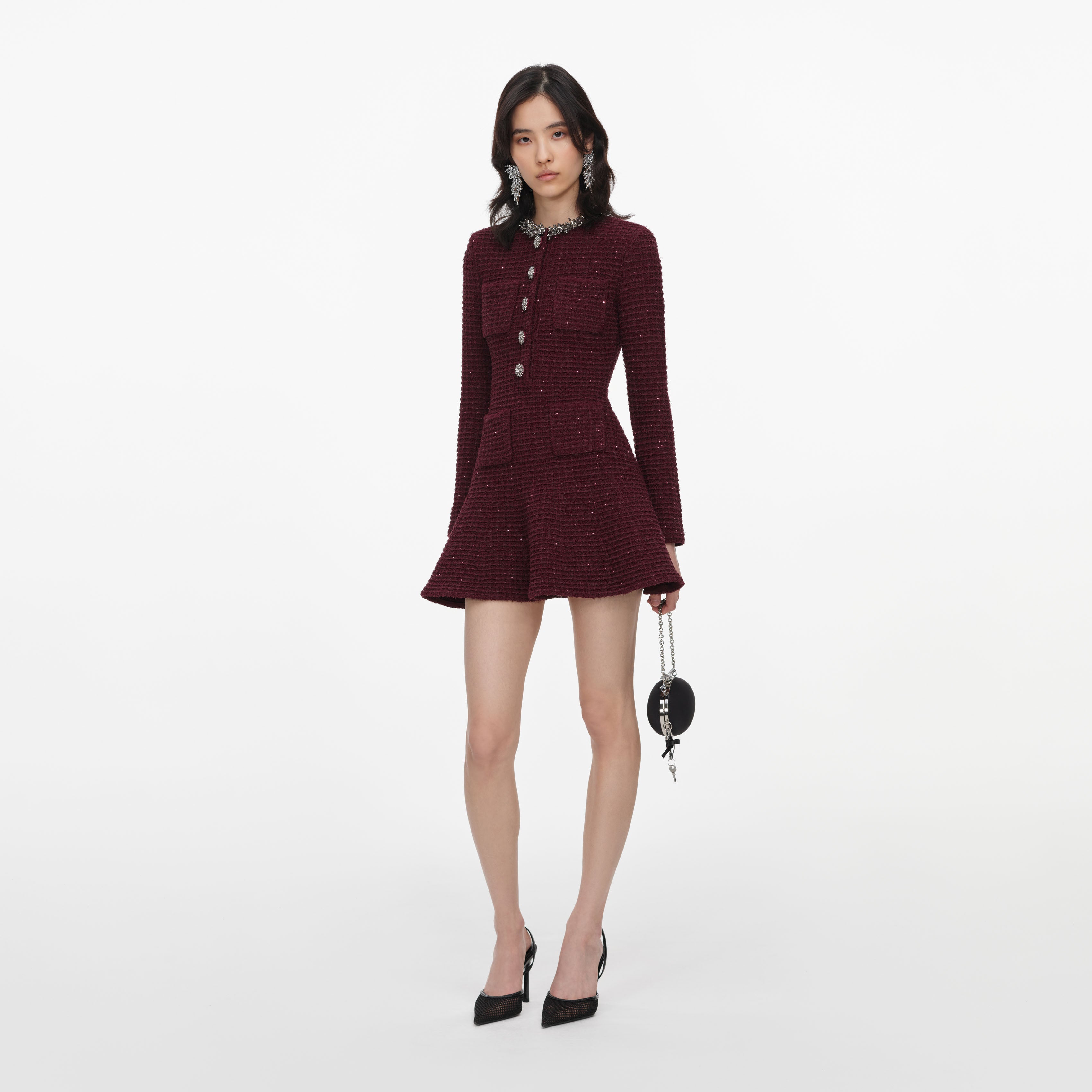 Self Portrait Burgundy Knit Embellished Minikleid Bordeaux