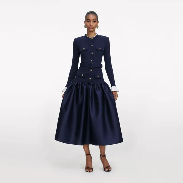 Self Portrait Navy Knit Midikleid Blau Taft Goldknöpfe