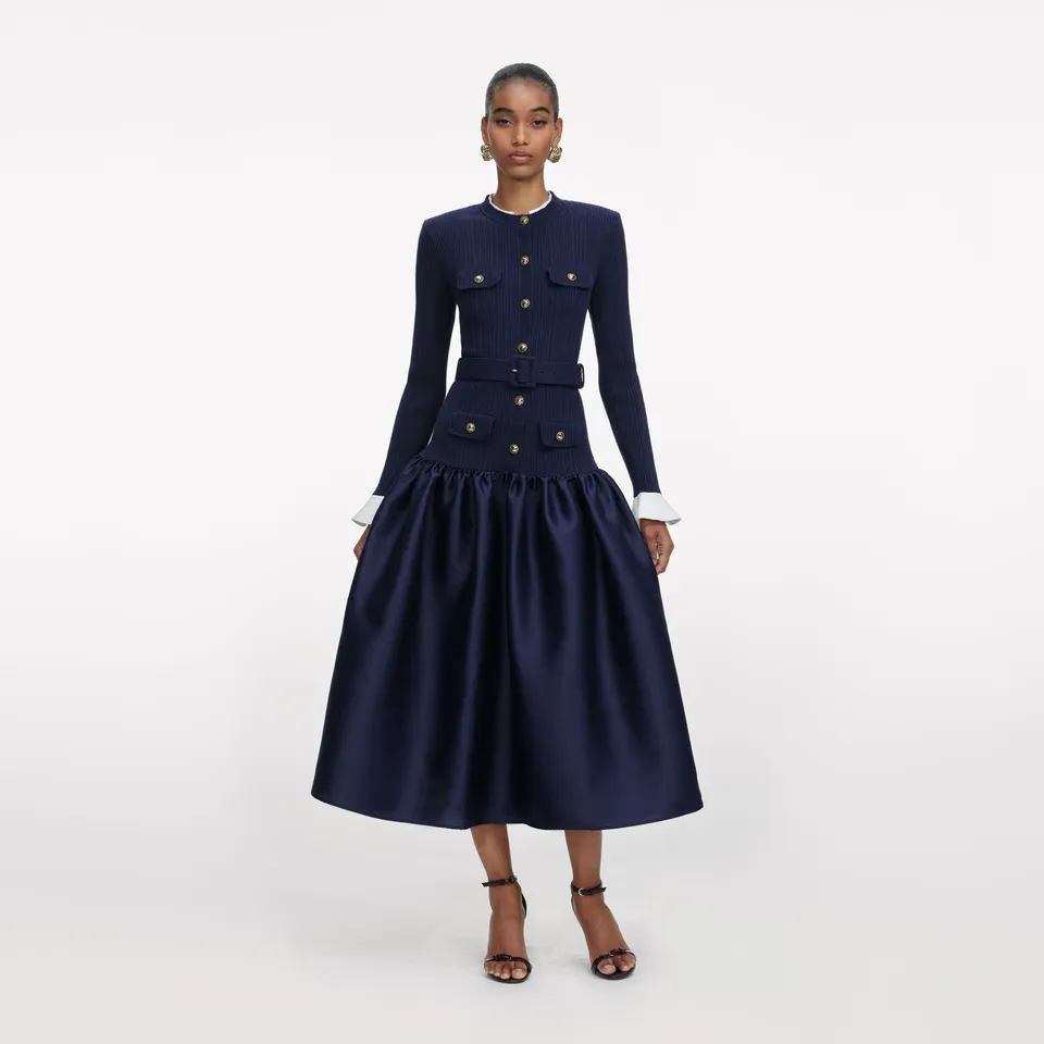 Self Portrait Navy Knit Midikleid Blau Taft Goldknöpfe