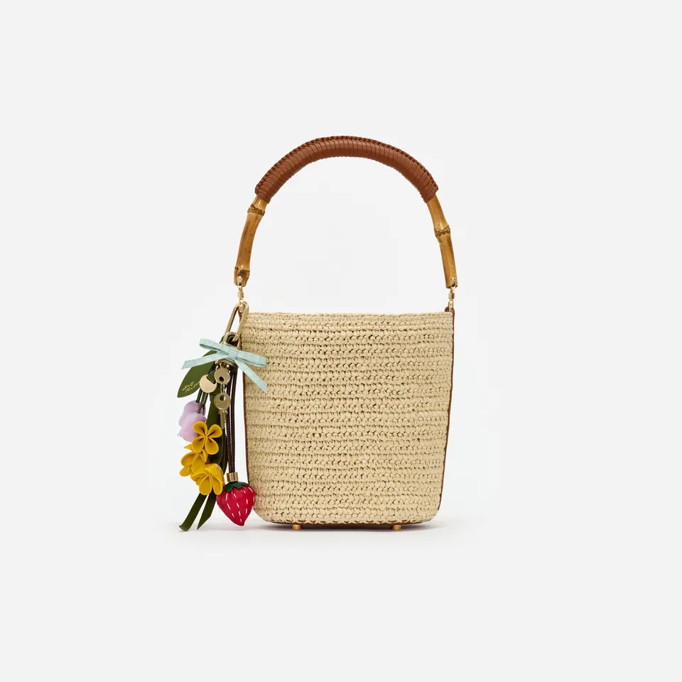 Self Portrait Raffia Charm Bucket Bag Beige Henkeltasche